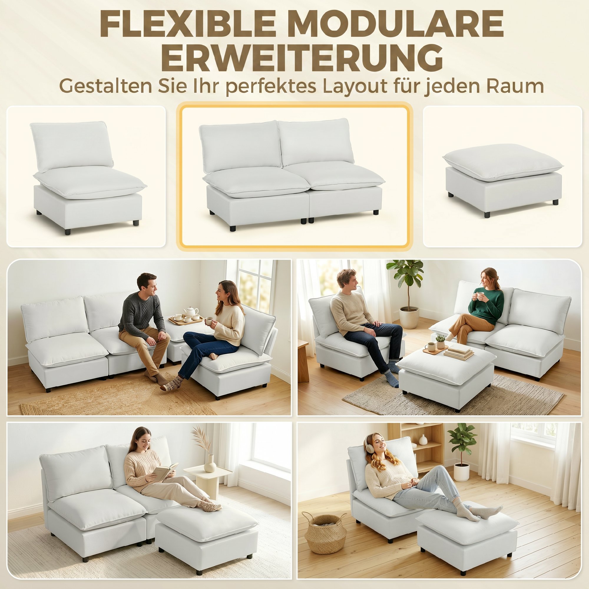 2-Sitzer-Sofa, 146 cm Kunstleder-Modularsofa mit breiter und tiefer Sitzfläche, dicken Kissen, einfache Montage, Grau