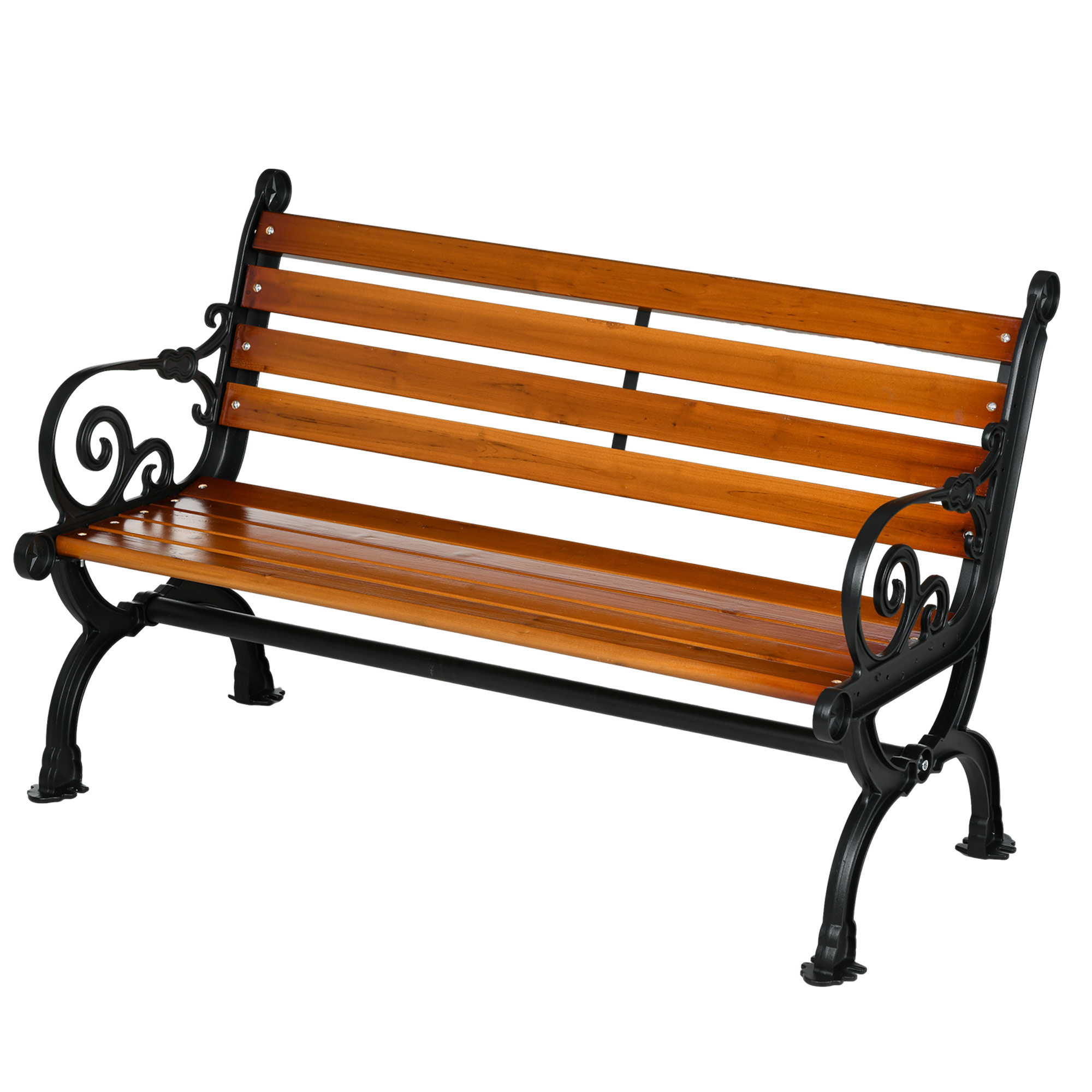 Sitzbank für 2 Personen, dekorative Armlehnen, für Garten & Terrasse, Gussaluminium+Naturholz, 120 x 64 x 79 cm, Teak
