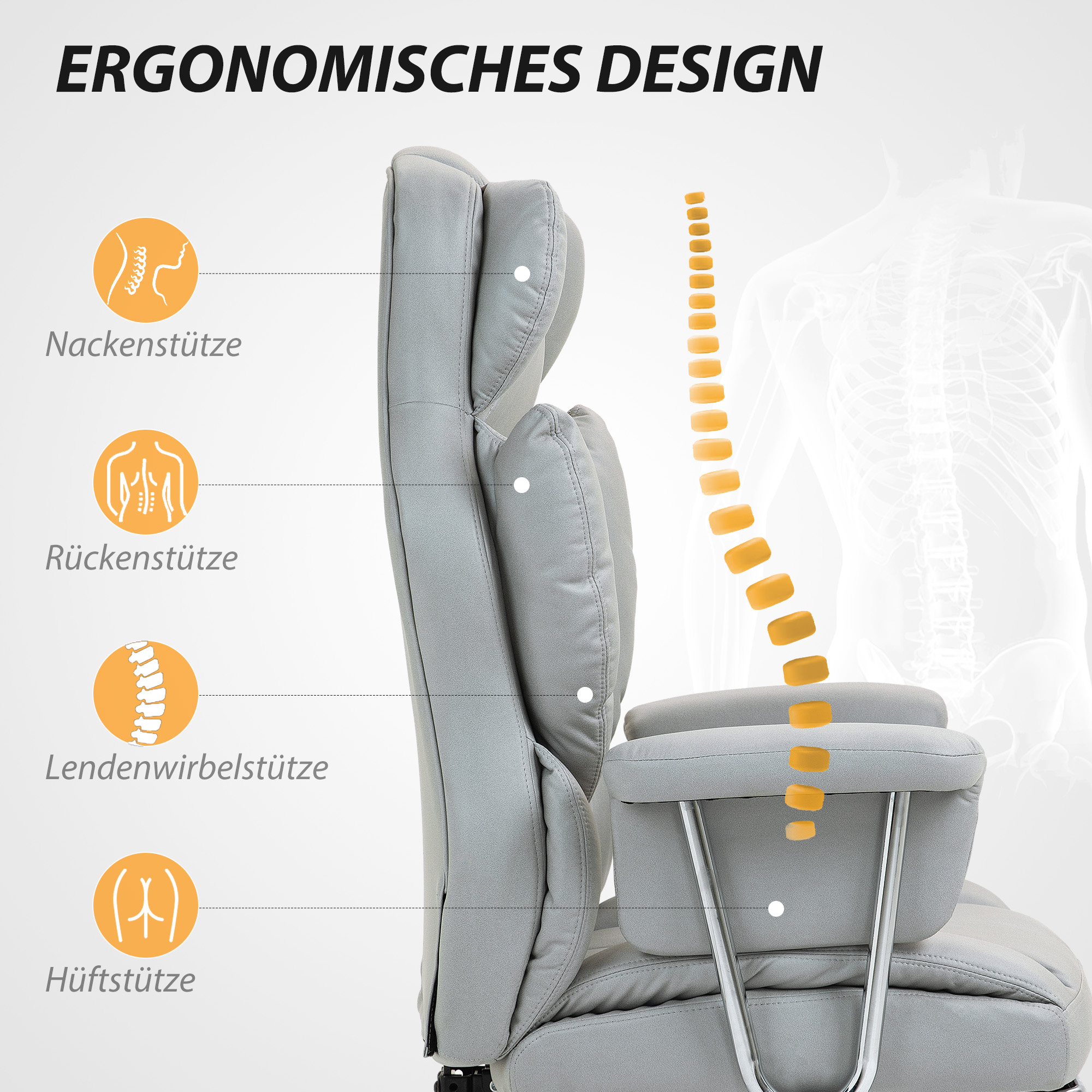 ergonomischer Bürostuhl, gepolstert, mit Fußstütze, verstellbarer Lehne, 360° drehbar, Hellgrau