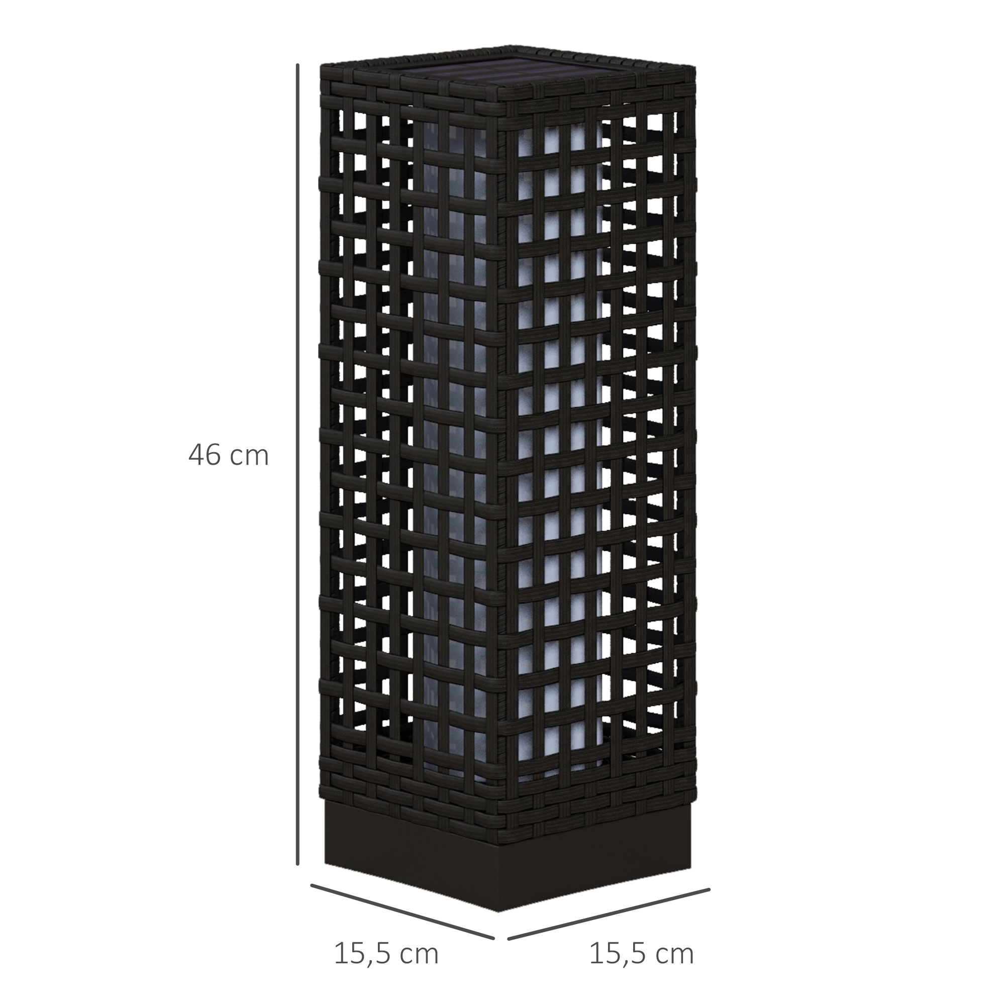 Außenleuchte mit Solarmodul, Einschaltautomatik, 8 h Betriebszeit, Rattanoptik, Stahl, 15,5 x 15,5 x 46 cm, Schwarz