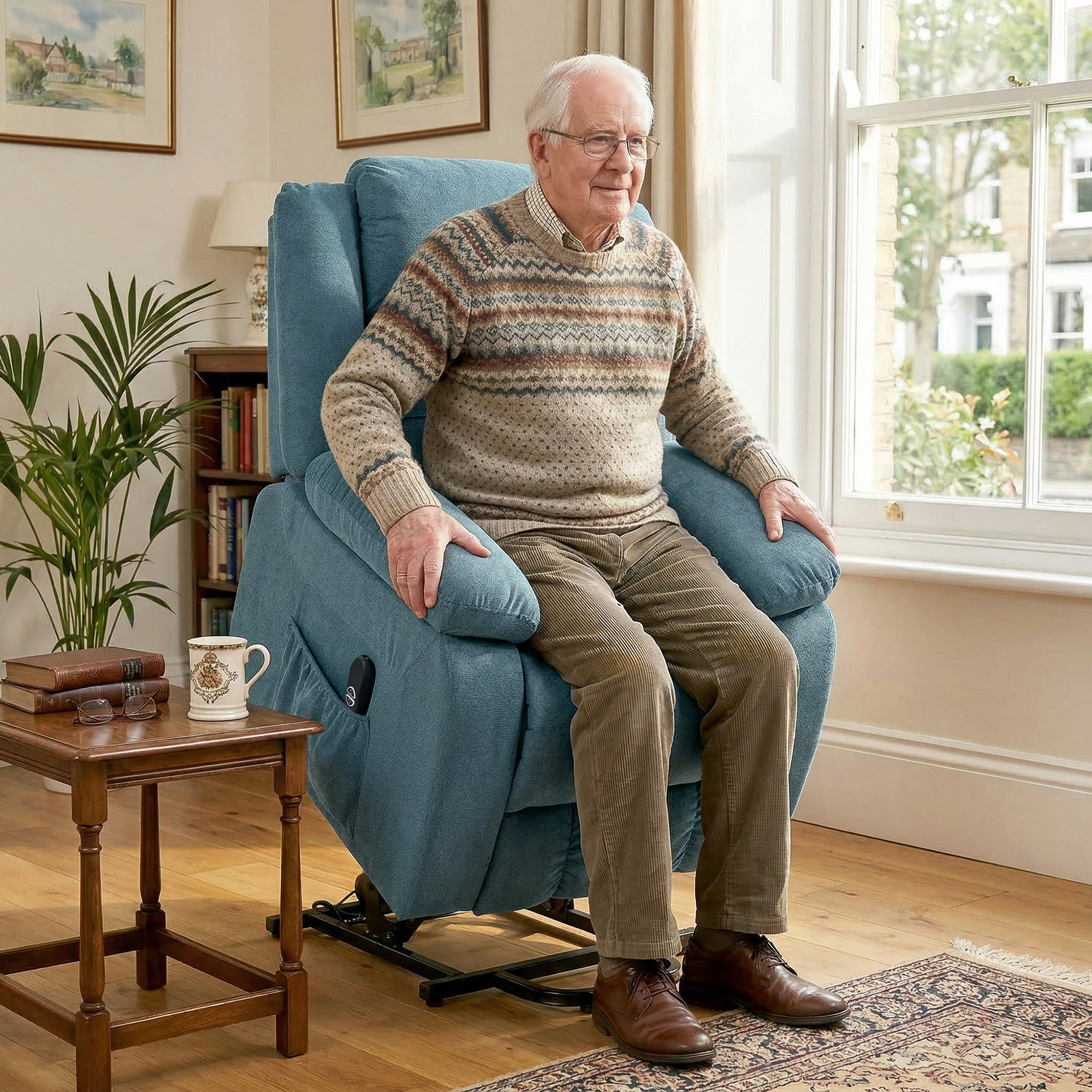Aufstehsessel mit weichem Bezug, Recliner-Sessel mit Fernbedienung und Seitentaschen, Blau