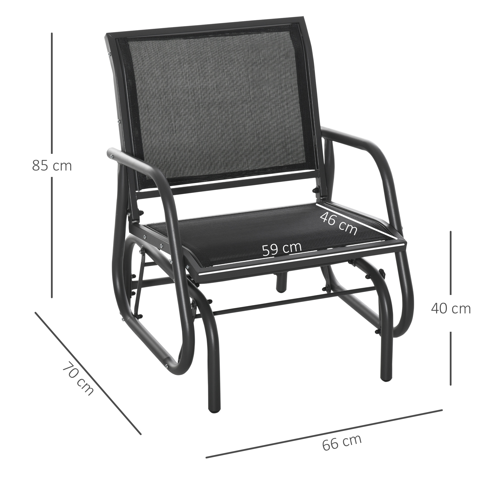 Schaukelstuhl Gartenstuhl aus Metall Schaukelsessel mit Armlehne Rückenlehne Gartenschaukel bis 120 kg belastbar Outdoor Relaxstuhl für Balkon Garten Terrassen Schwarz