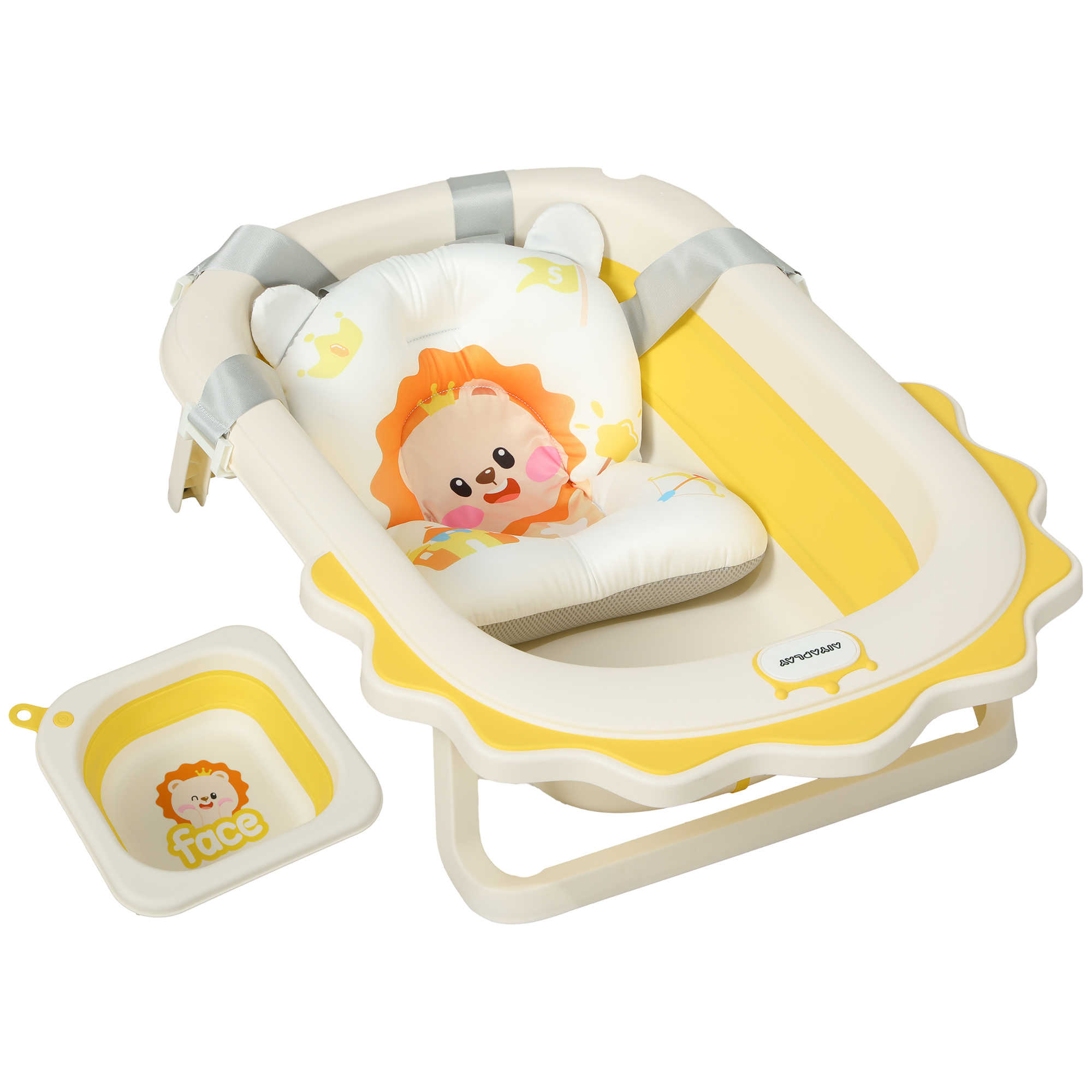 Babybadewanne mit Waschbecken, faltbar, rutschfester Boden, komfortables Badekissen, Gelb Babybadewanne mit Waschbecken, faltbar, rutschfester Boden, komfortables Badekissen, Gelb
