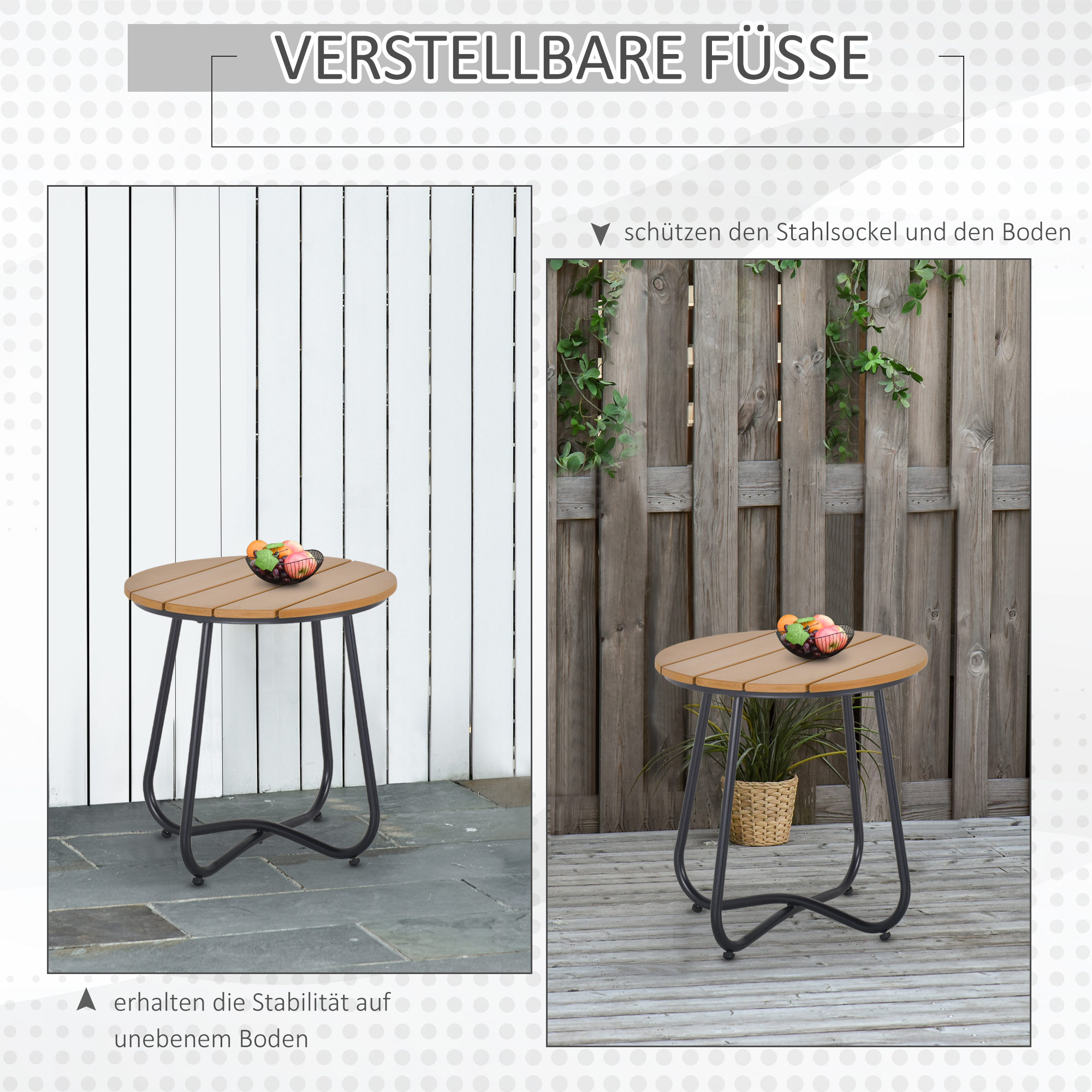 Gartentisch Rundtisch elegant Gartenmöbel stabil verstellbare Füße Dekoration Garten Terrasse Wohnzimmer Stahlboden Braun Ø49 x 48H cm