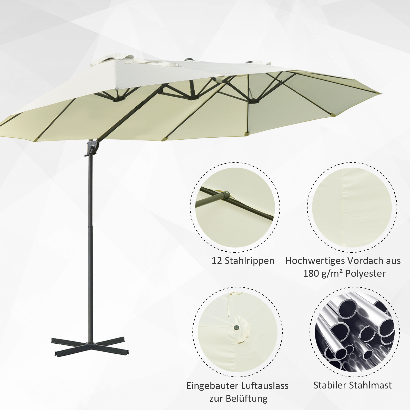 Doppelsonnenschirm Ampelschirm Doppelschirm mit Kurbel Verstellbarer Gartenschirm Sonnenschutz Metall Cremeweiß 440 x 270 x 250 cm