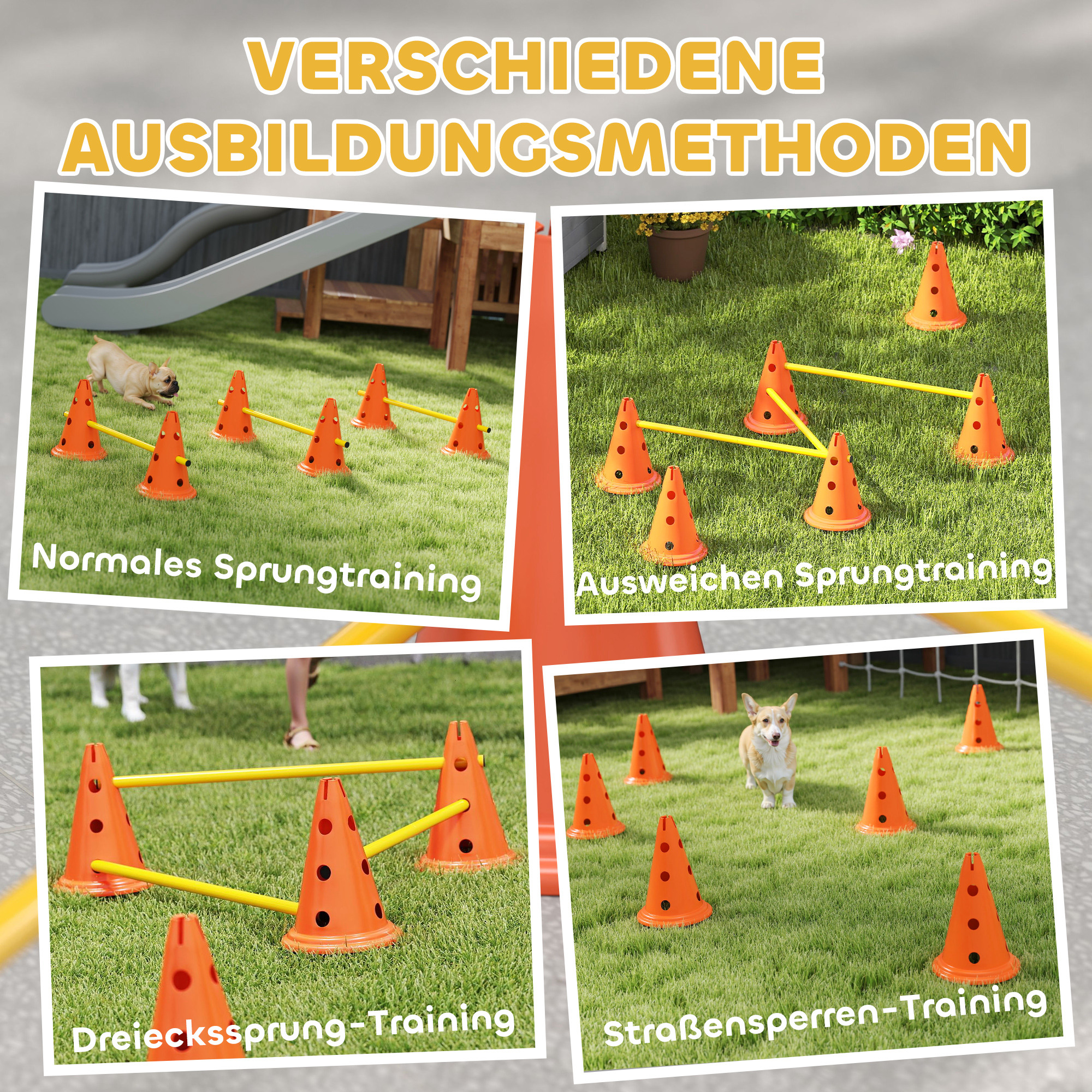 Agility Set Hunde 3-teiliges Agility-Ausrüstung für Hundetraining Steckhürdenset mit 6 Kegel 3 Hürden Tragetasche