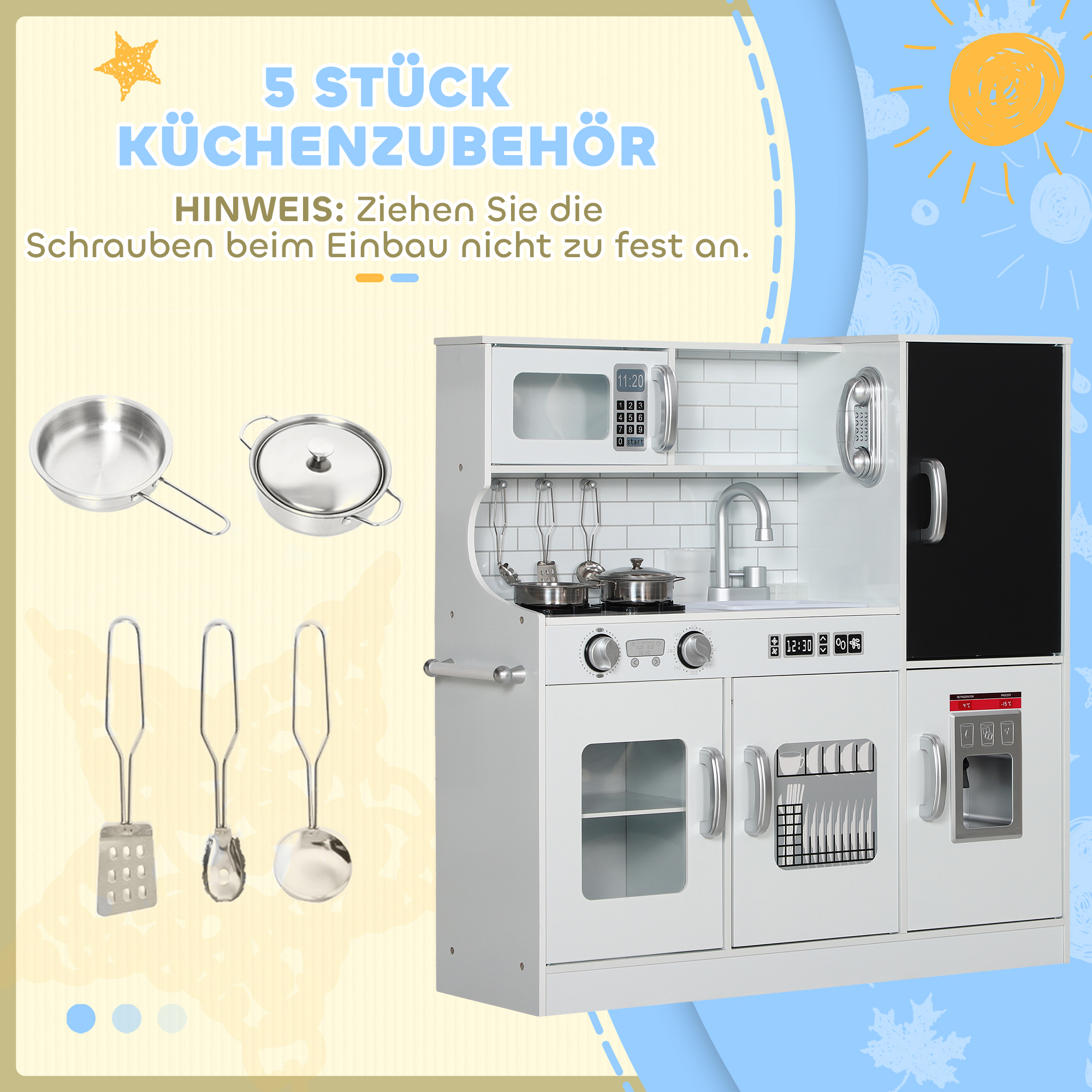 Kinderküche, Spielküche mit Telefon, Kreidetafel, Mikrowelle, Herd, Spüle, Zubehör, Eiswürfelmaschine, 3-8 Jahre, Weiß