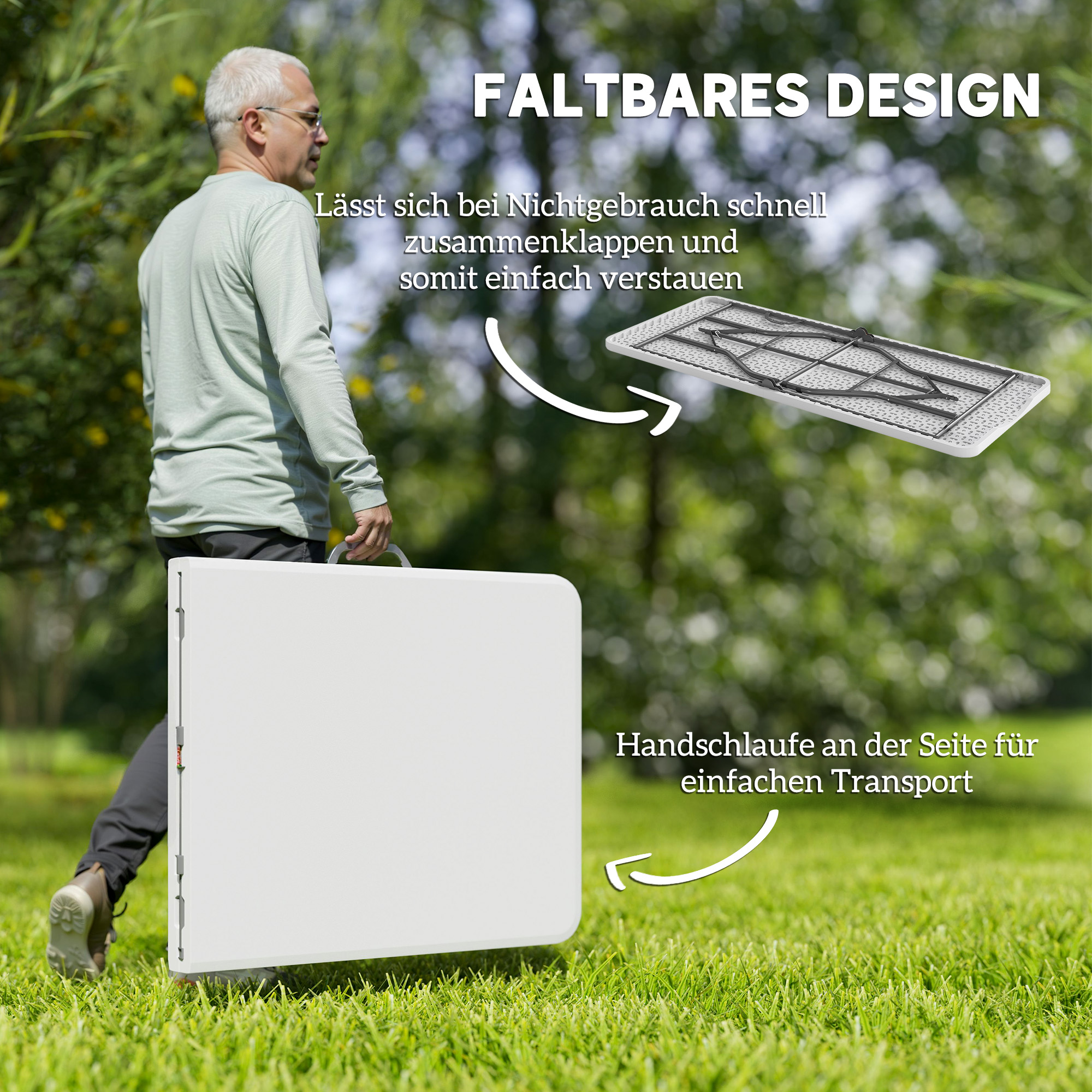 Klapptisch, Faltbarer Campingtisch, Metall, Kunststoff, Picknicktisch, Weiß