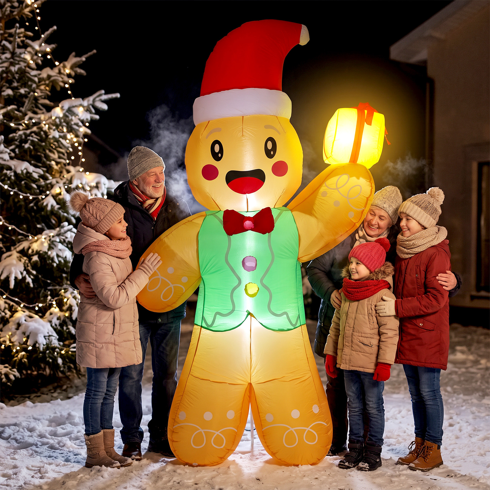Aufblasbarer Weihnachts-Lebkuchenmann, 250 cm, mit Geschenkbox und LEDs, für außen