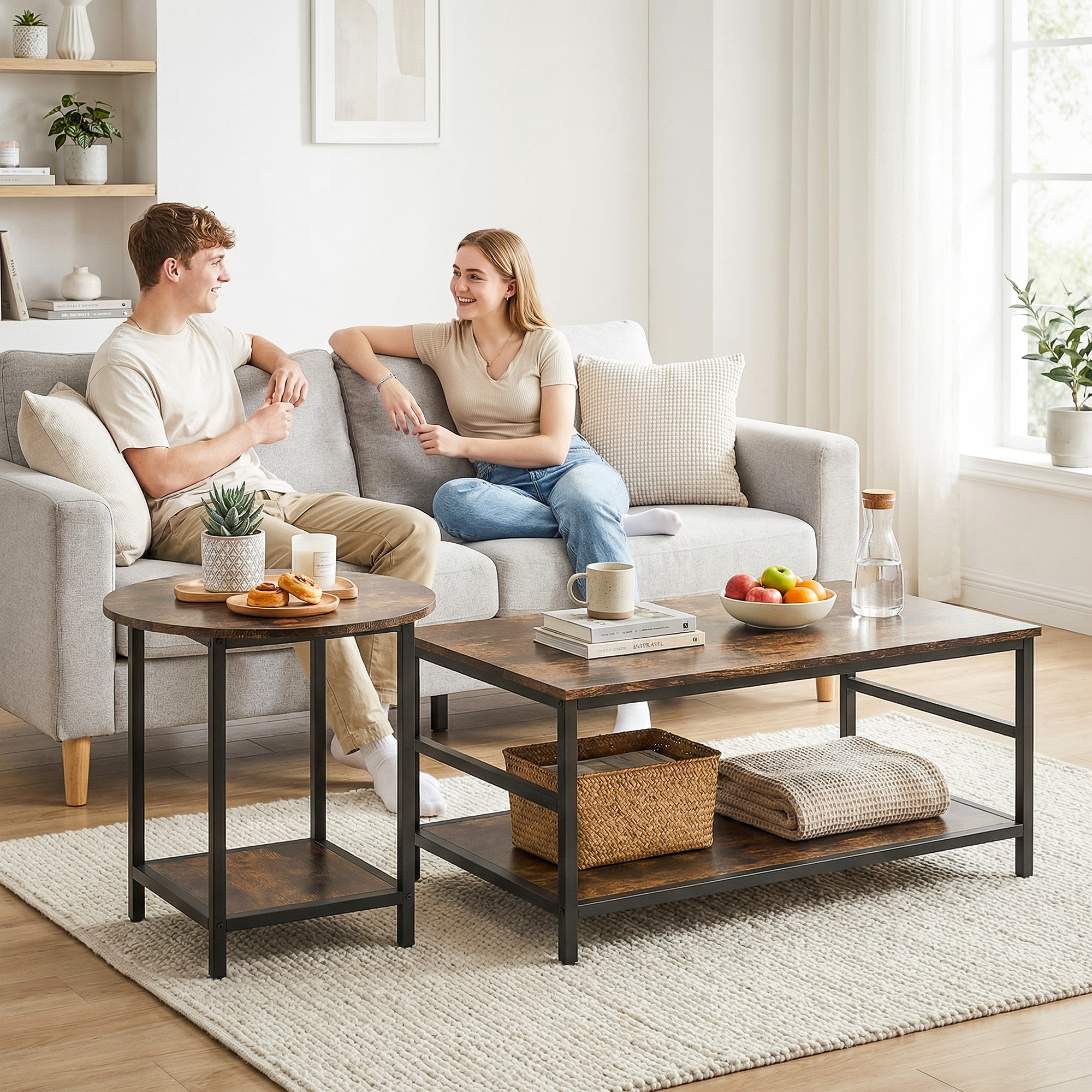 Couchtisch-Set, 2-teilig, rechteckiger und runder Tisch mit 2-stufigem Stauraum, für Wohnzimmer, Rustikal-Braun