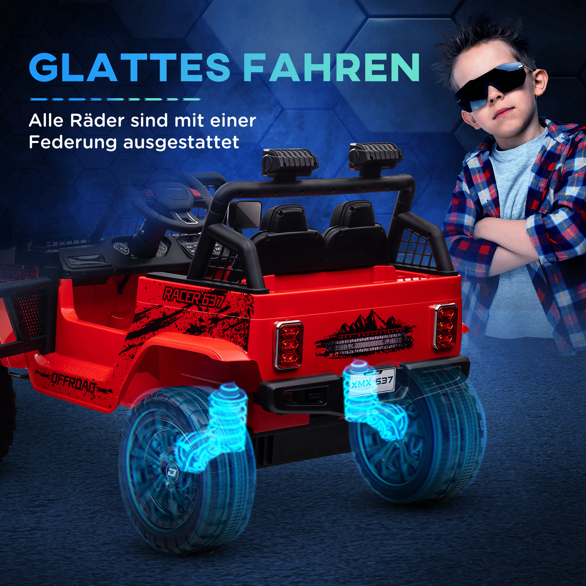 Kinder-Elektroauto mit sanfter Federung, fernsteuerbar, LED-Lichter, Hupe, 12V-Motoren, aus Kunststoff und Metall, Rot