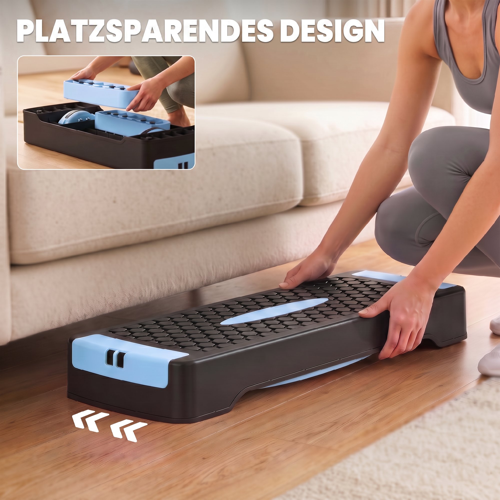 Steppbrett höhenverstellbar Fitness Aerobic Stepper mit 2 Stufen (11/16 cm) 2 Widerstandsbändern, Anti-Rutsch-Matte Blau