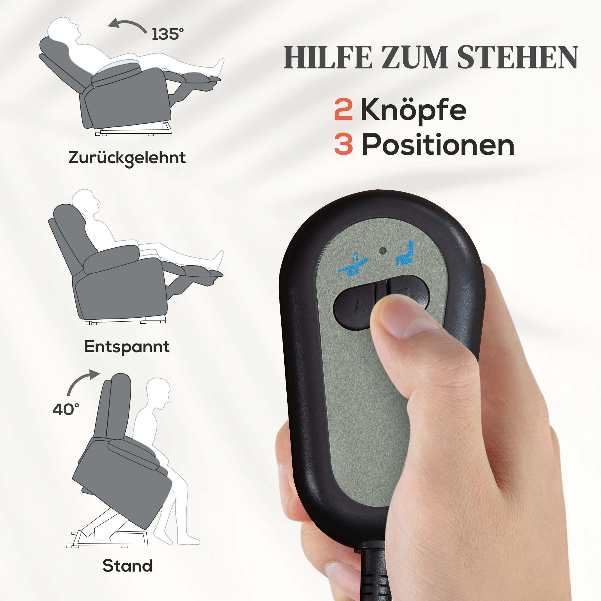 elektrischer Relaxsessel mit Aufstehhilfe, Fernbedienung, weicher Schaumstoff, Seitentasche, Bezug in Leinenoptik, Grau