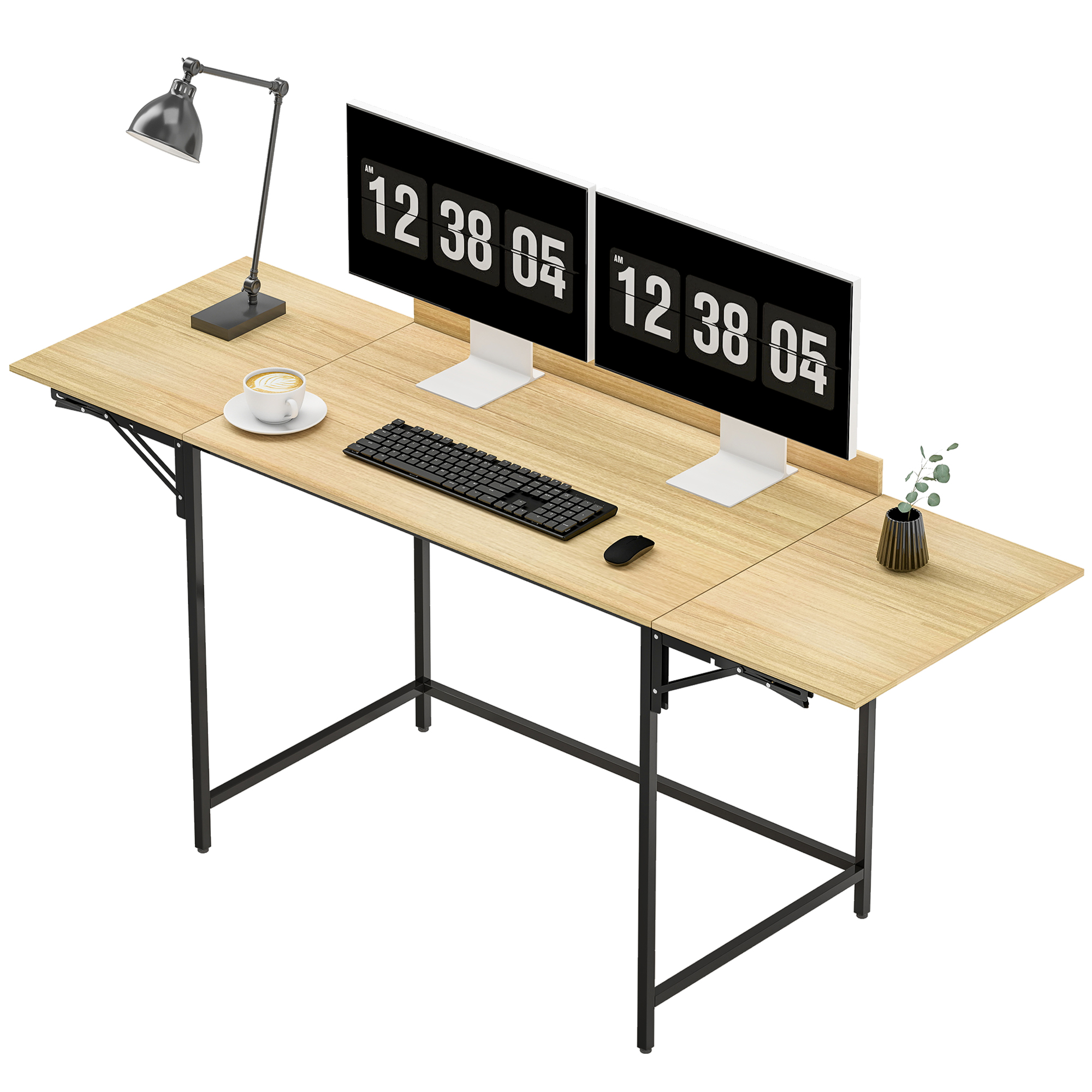 Klappbarer Computertisch mit 2 Ausziehplatten, viel Platz für Monitore, Metallbeine, robuste Konstruktion, Eiche+Schwarz Klappbarer Computertisch mit 2 Ausziehplatten, viel Platz für Monitore, Metallbeine, robuste Konstruktion, Eiche+Schwarz