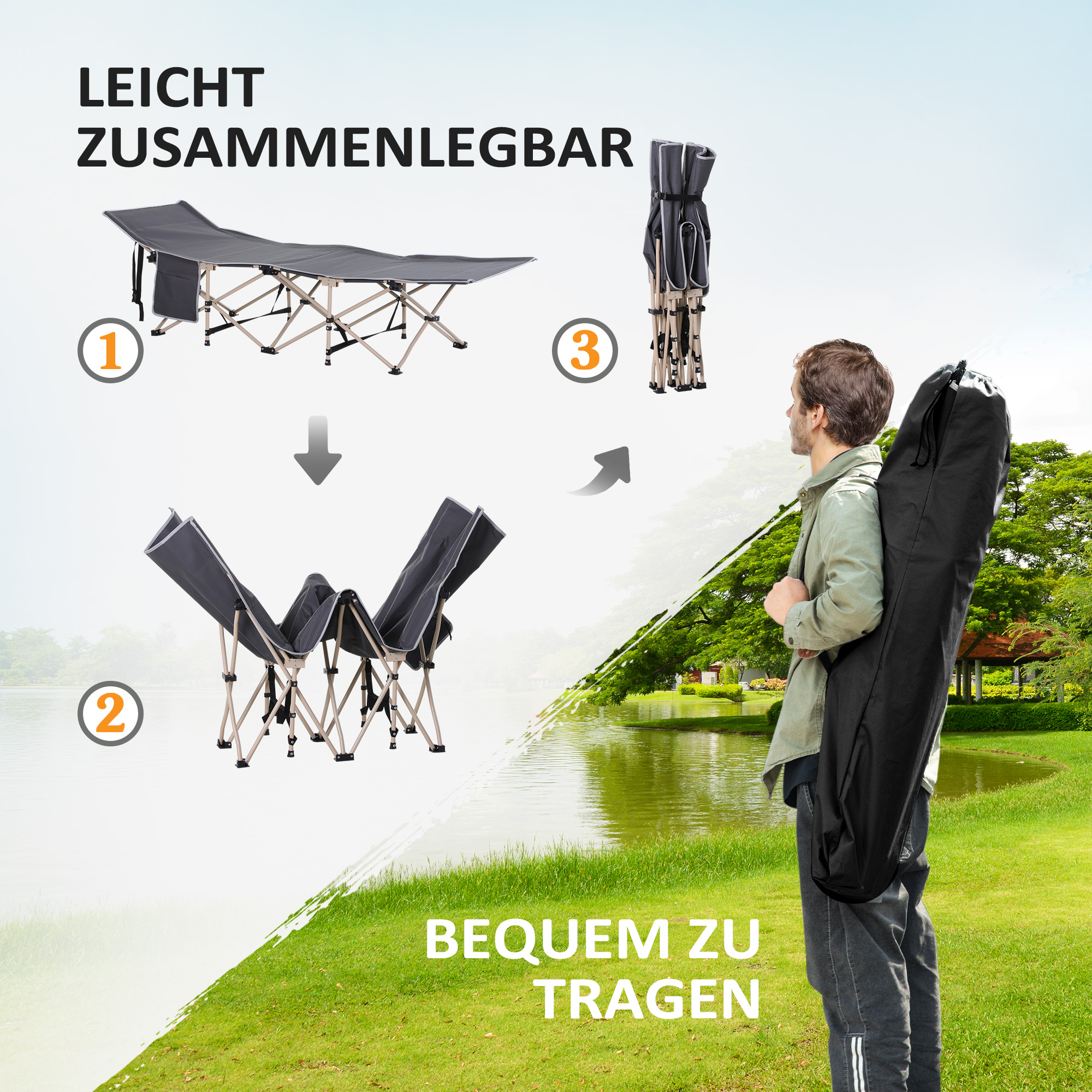 Feldbett, Campingbett, klappbar, wetterbeständig, ink. Tragetasche, 190 x 68 x 52 cm, Grau
