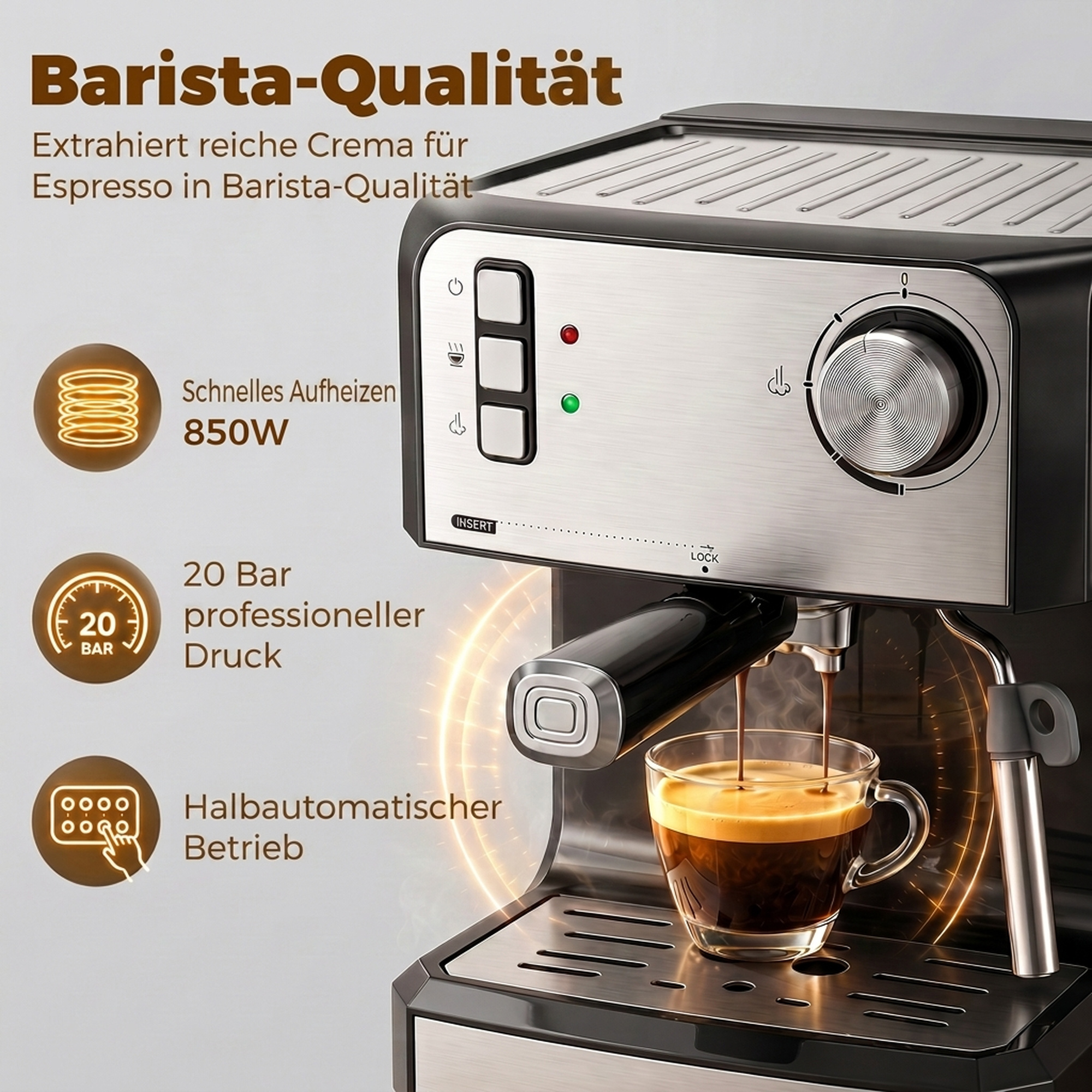 Espressomaschine, 20-Bar-Kaffeemaschine mit Milchaufschäumdüse, 1,6-l-Wassertank, Schwarz