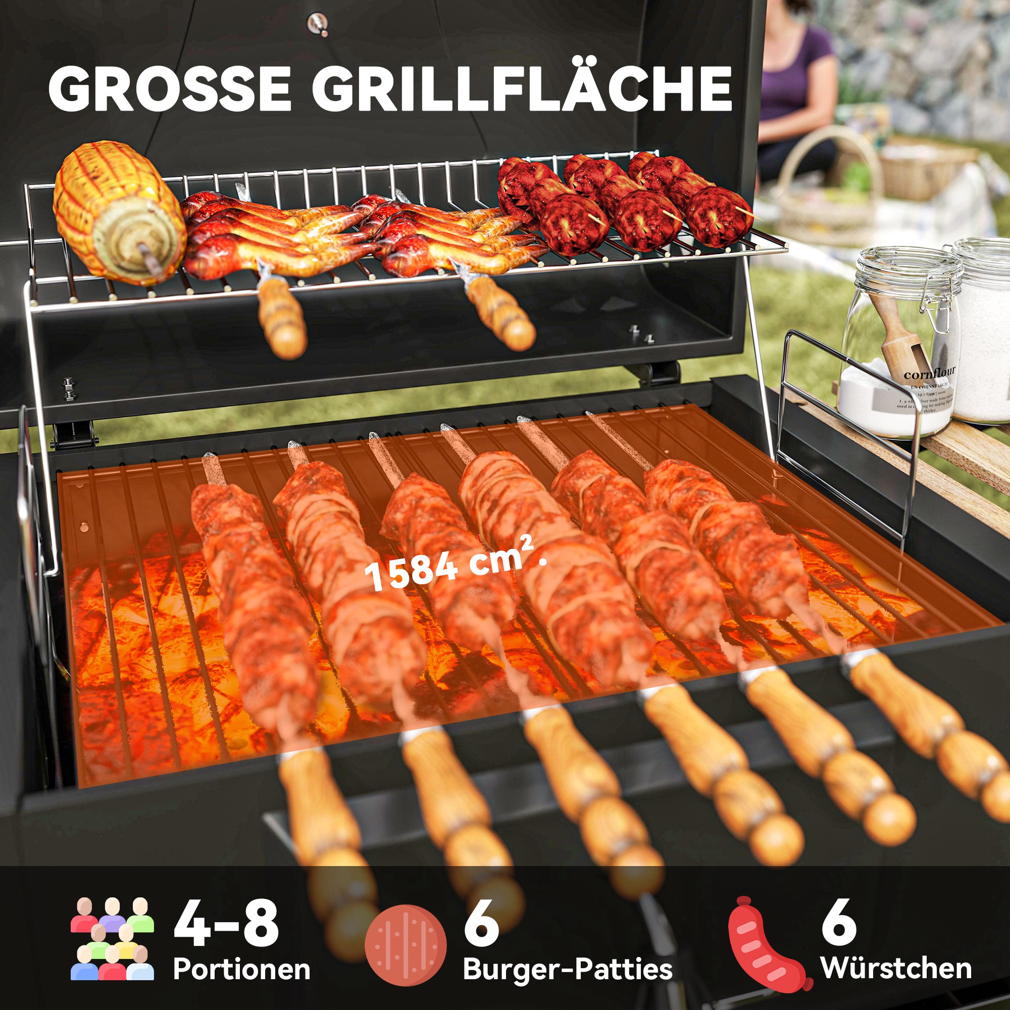 Holzkohlegrill, höhenverstellbare Kohlenpfanne, Grillwagen, Regale, Thermometer, Flaschenöffner, Stahl, Holz, Schwarz