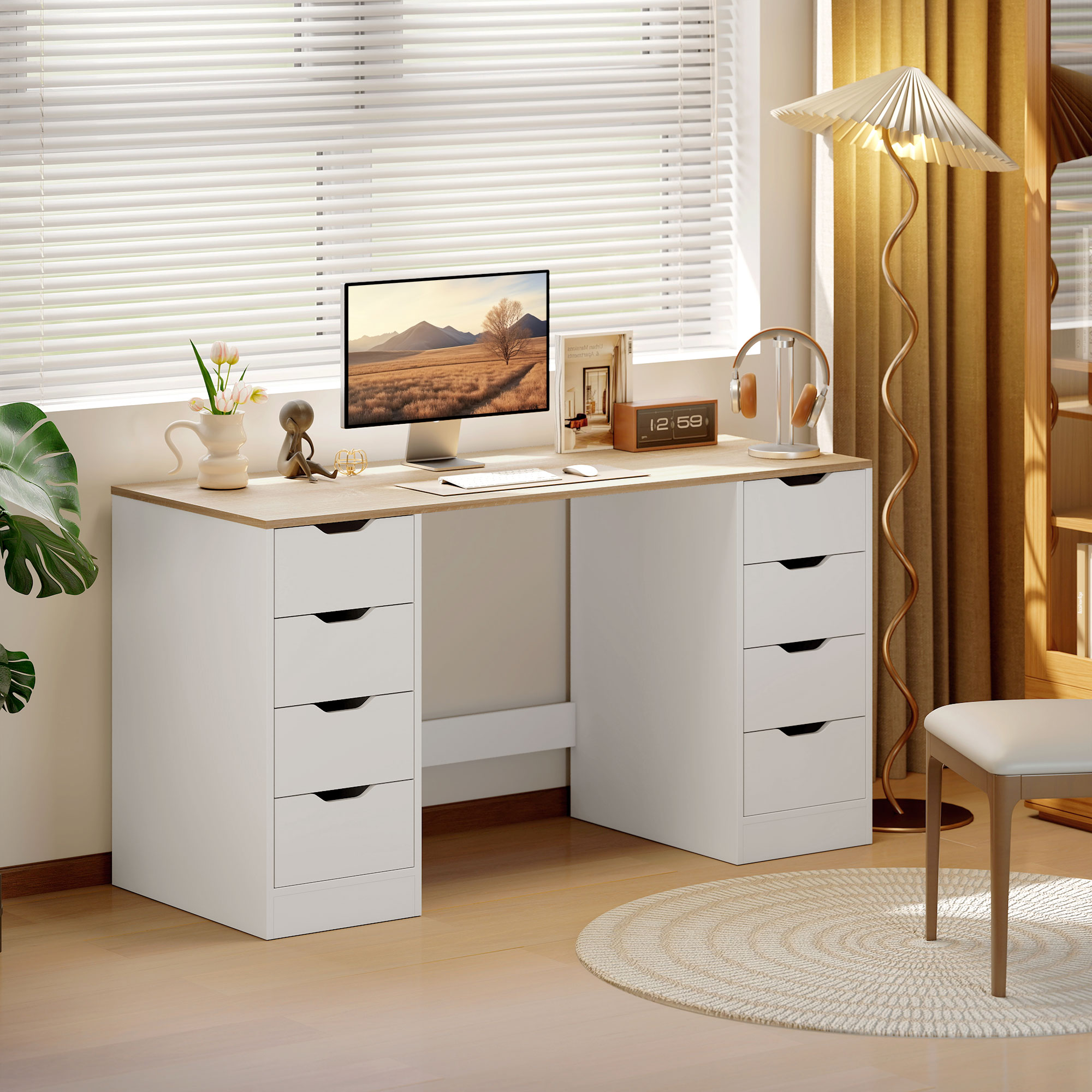 140 cm Computertisch, 8 Schubladen, Schreibtisch für Homeoffice, Schlafzimmer, Stahl, Holz, Weiß