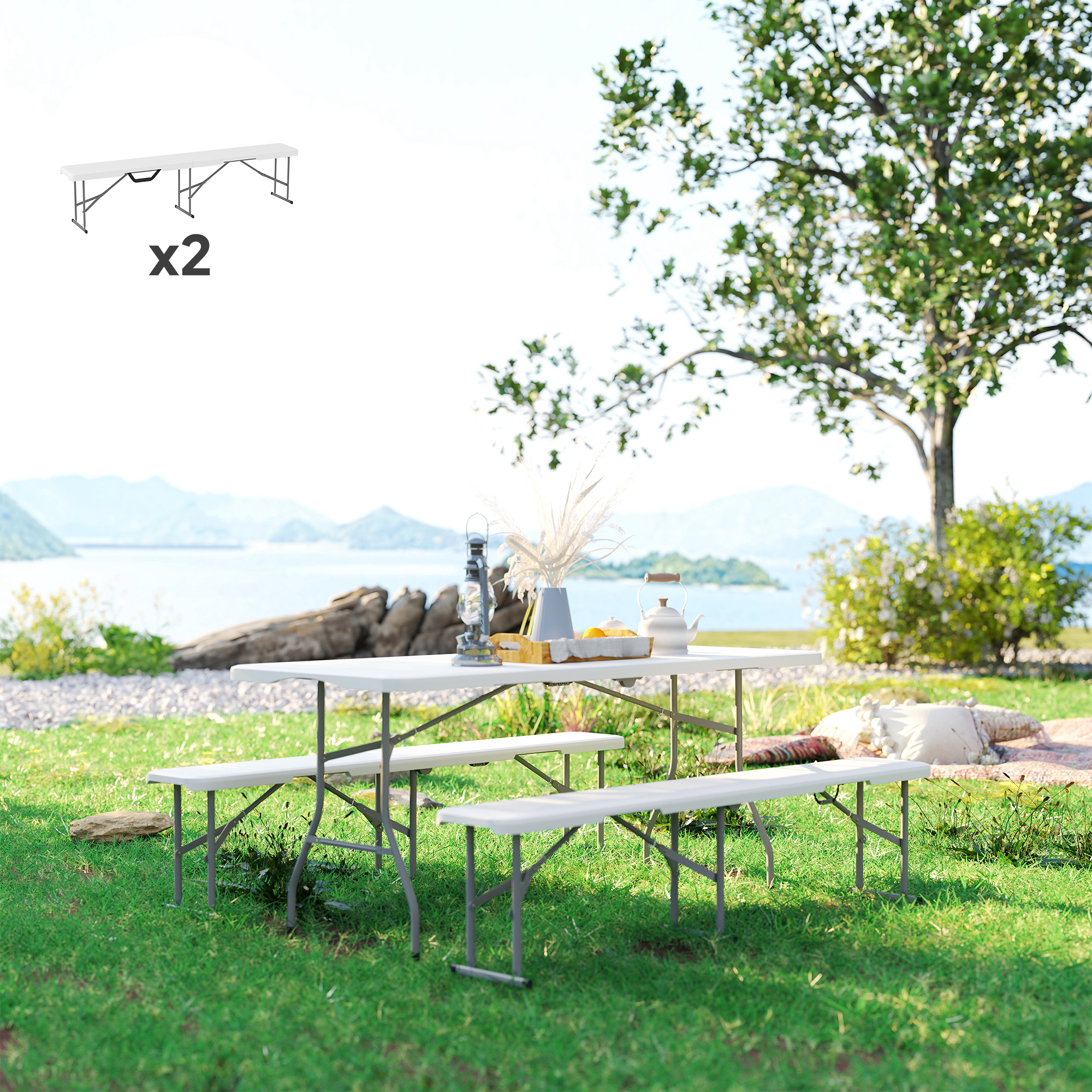 Campingbank, Kunststoff-Outdoor-Bank, 240 kg Belastbarkeit, Weiß