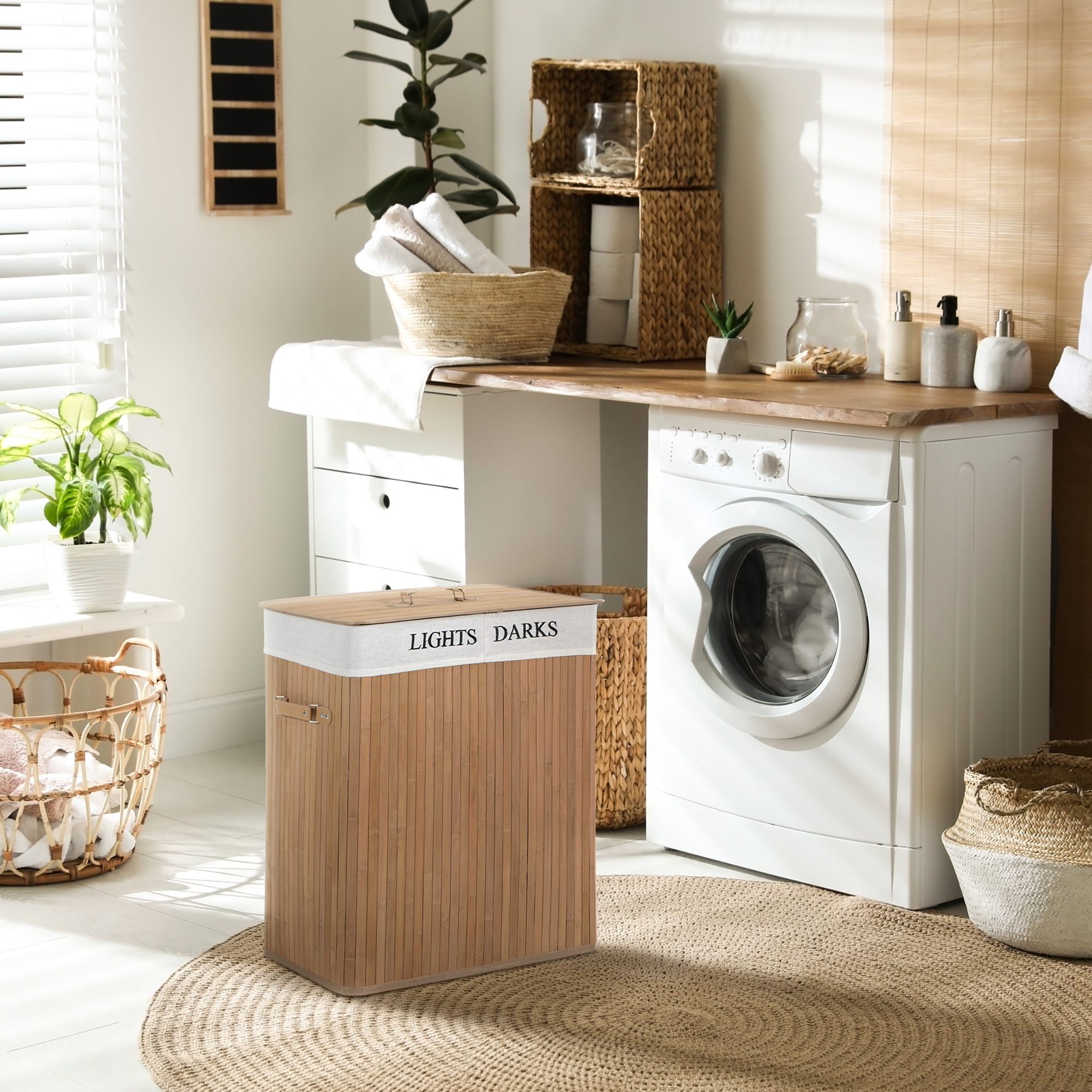 Bambus Wäschekorb mit Deckel 100 L Wäschesammler mit PU-Griffen, Wäschesack aus Segeltuch, Laundry Baskets Wäschesortierer für Waschküche Schlafzimmer Badezimmer Natur