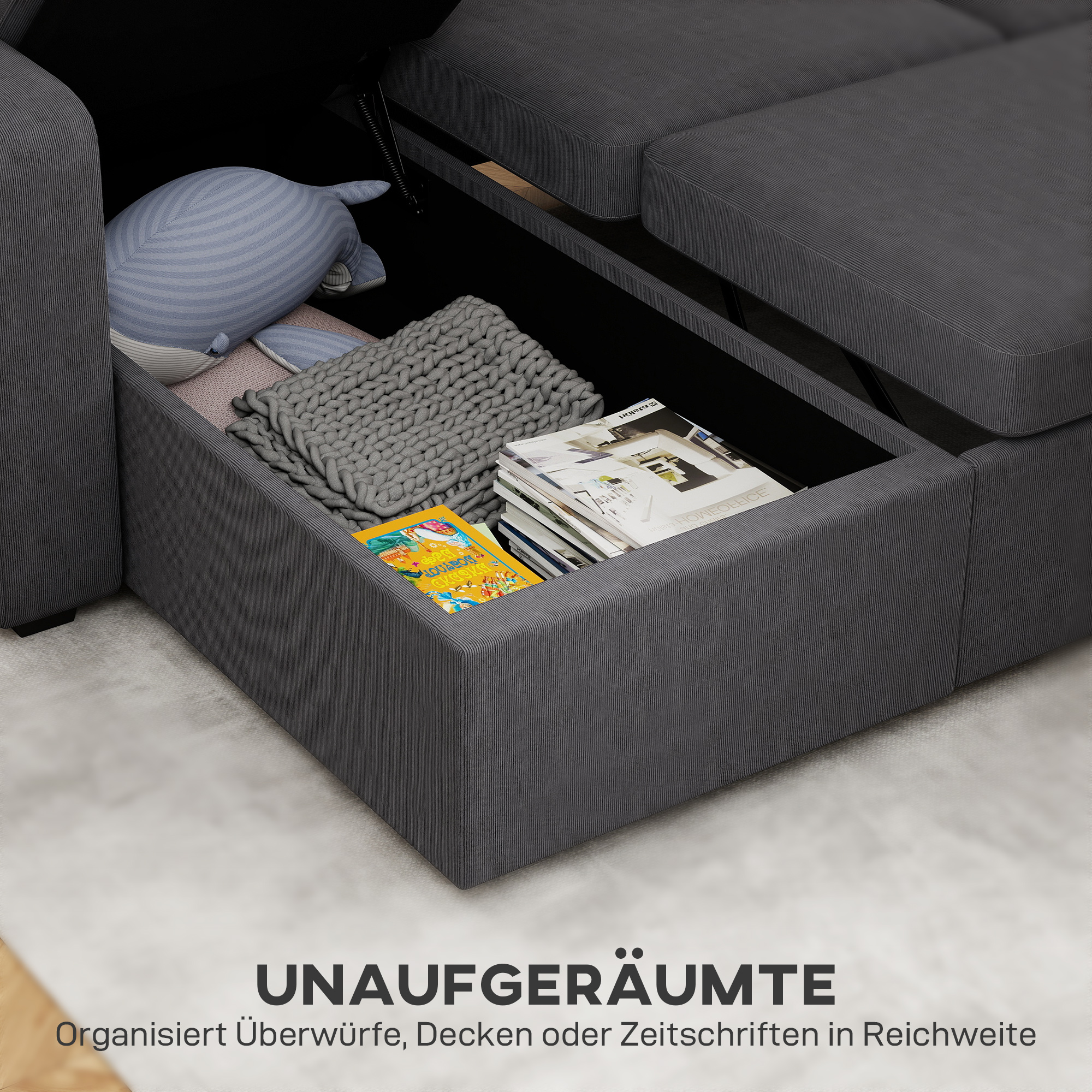 Verstellbares Bettsofa, L-förmiges Gästesofa mit Bettfunktion, Stauraum, Kissen, für Wohnzimmer, Gästezimmer, Dunkelgrau