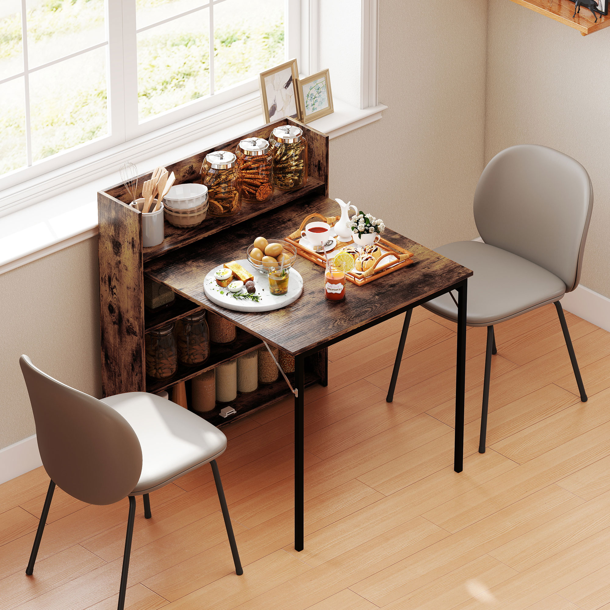 Esstisch, klappbar mit Regal, Industrie-Design, Platzsparend, Für Kleine Räume, 80x90x93cm, Rustikal-Braun