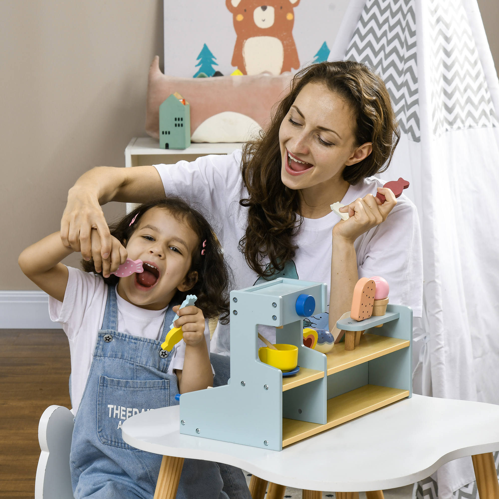 Spiel-Eisladen für Kinder, Eiscreme-Stand, viel Zubehör, fördert Fantasie und Motorik, Hellblau