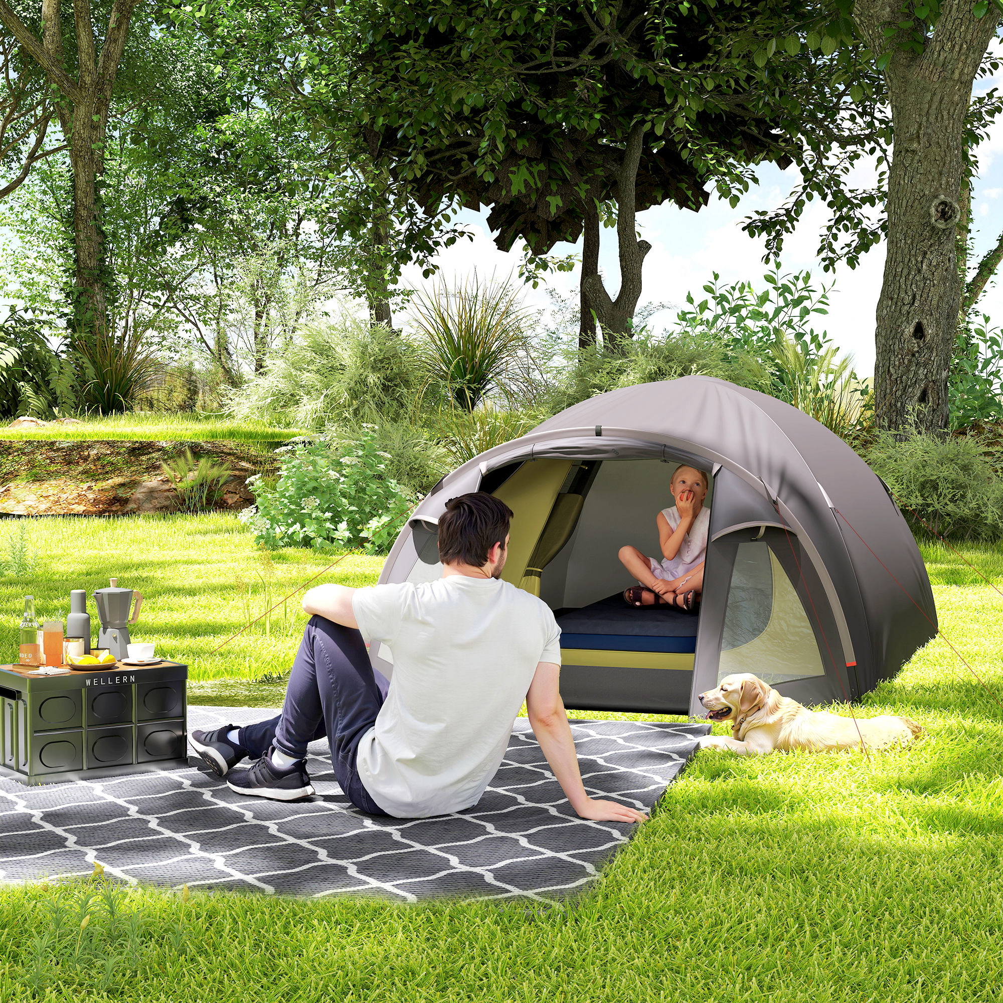 Campingzelt für 2 Personen leicht, stabil UV 50+ Tunnelzelt mit Vordach Seitentür&Fenster Schwarz