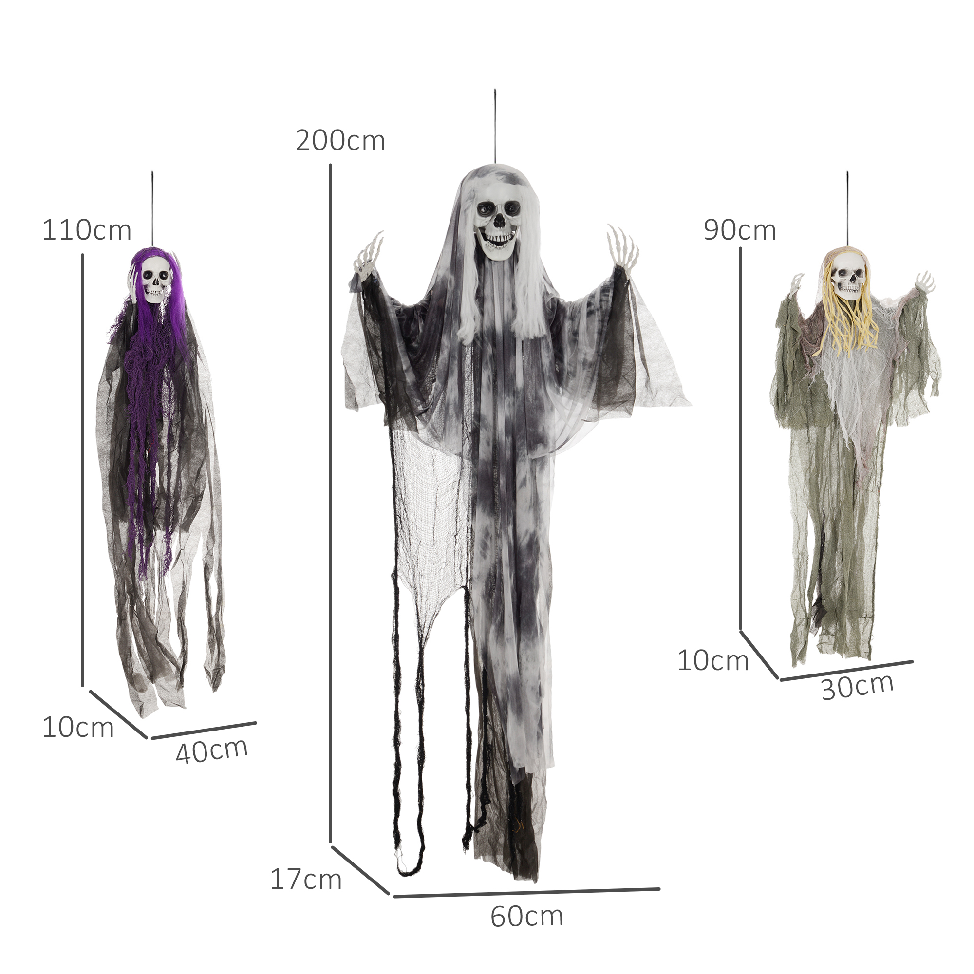 hängende Skelett-Geister, 3er Set, Halloweendeko, verstellbare Arme, 90/110/200cm