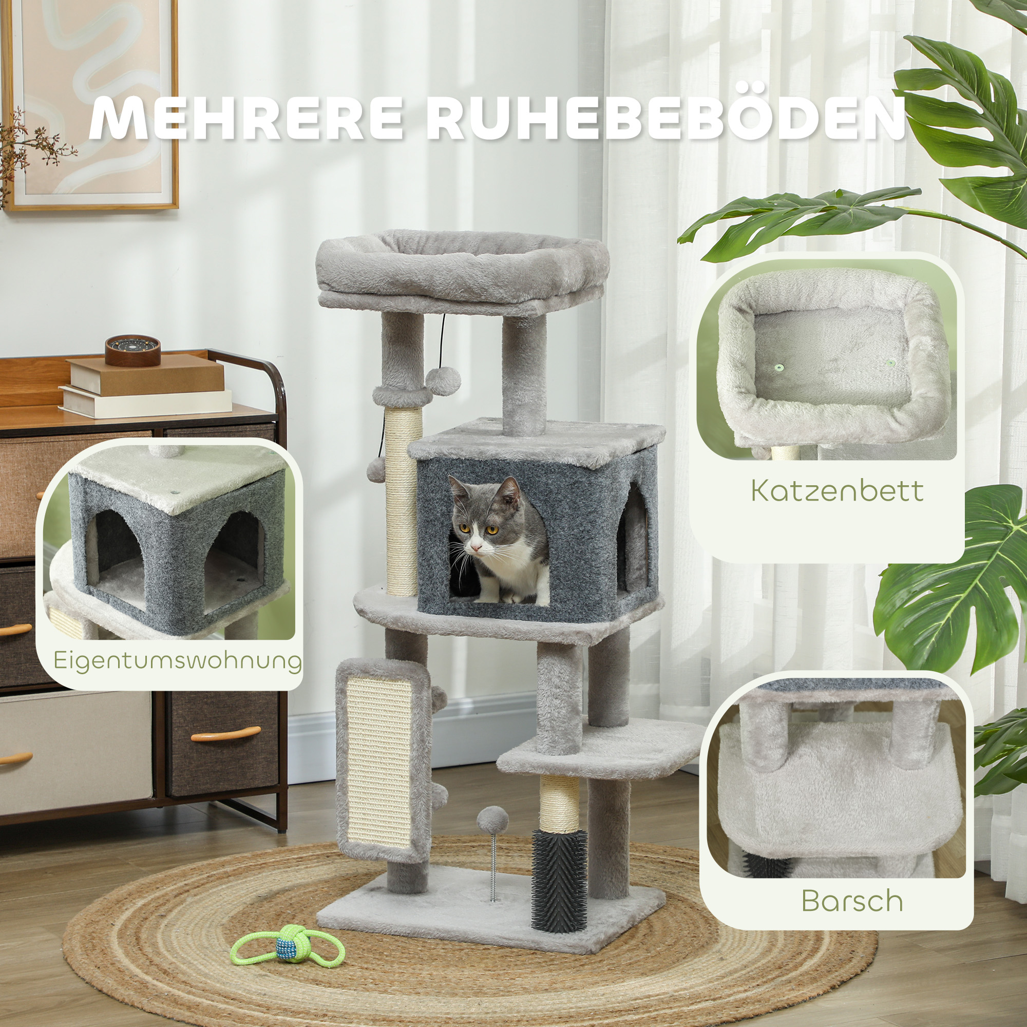 Kratzbaum 104 cm Katzenbaum mit Katzenhöhle Bett Sisal-Kratzsäulen Kratzbrett Plüschbälle für Katzen bis 5 kg Hellgrau