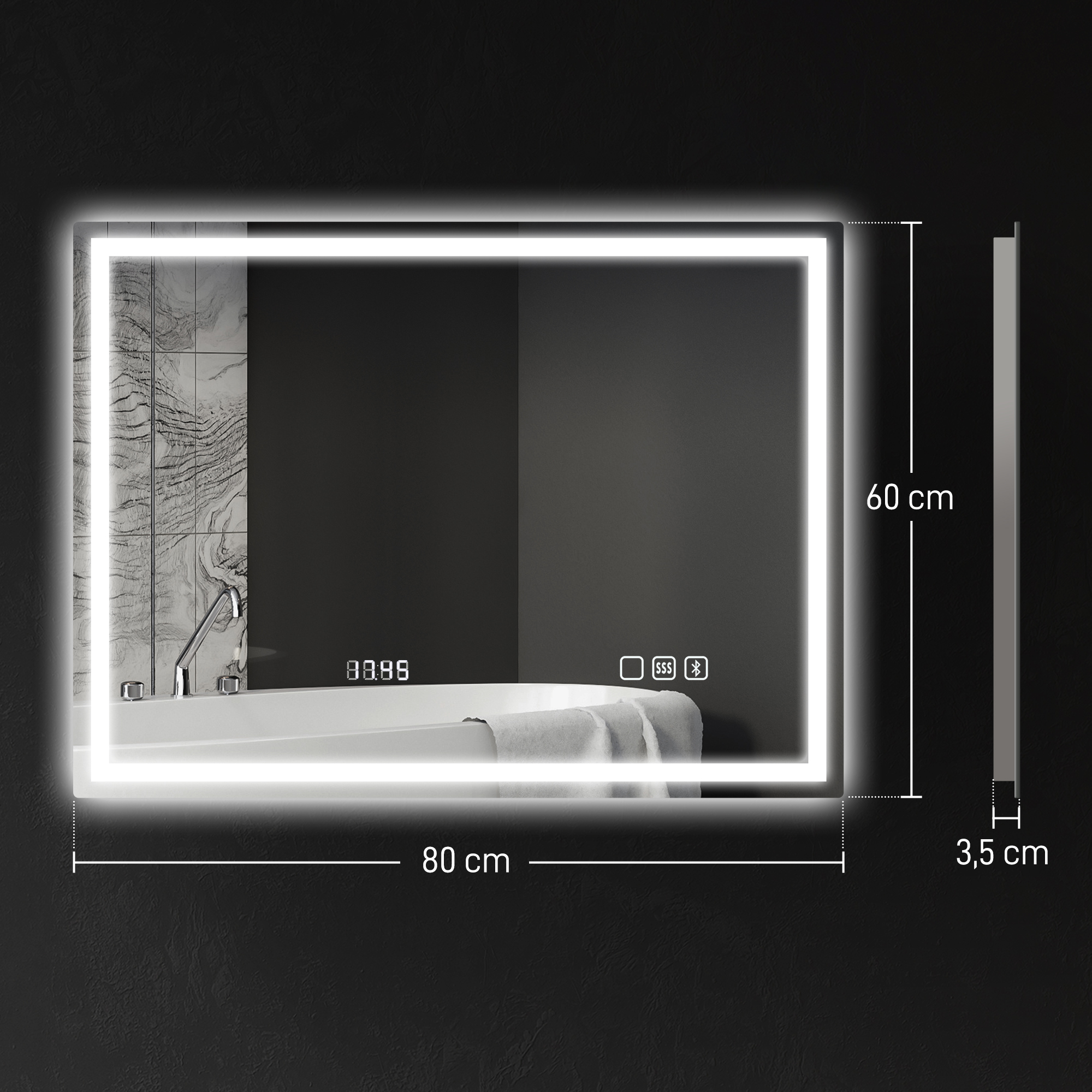 Badezimmerspiegel mit LED-Beleuchtung, Anti-Beschlags-Pad, 3 verstellbare Farben, Uhr, 600 x 800 mm, Silberfarben