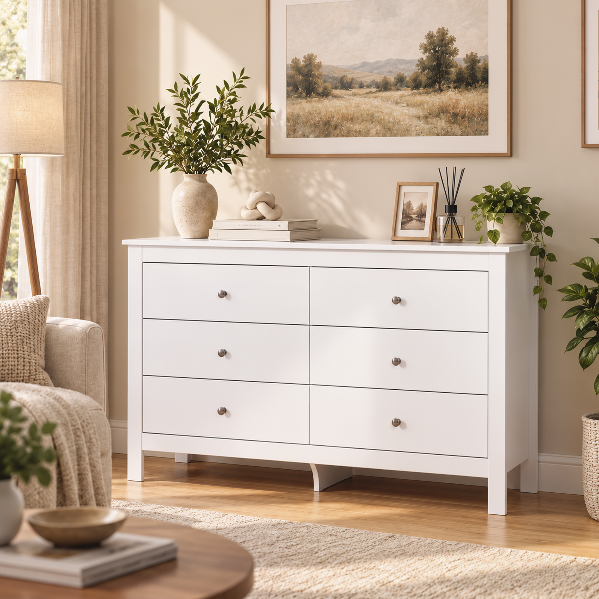 Kommode mit 6 Schubladen, Sideboard mit leichtgängigen Laufschienen für Schlafzimmer, Wohnzimmer oder Flur, 118 x 39,5 x 75,5 cm, Weiß