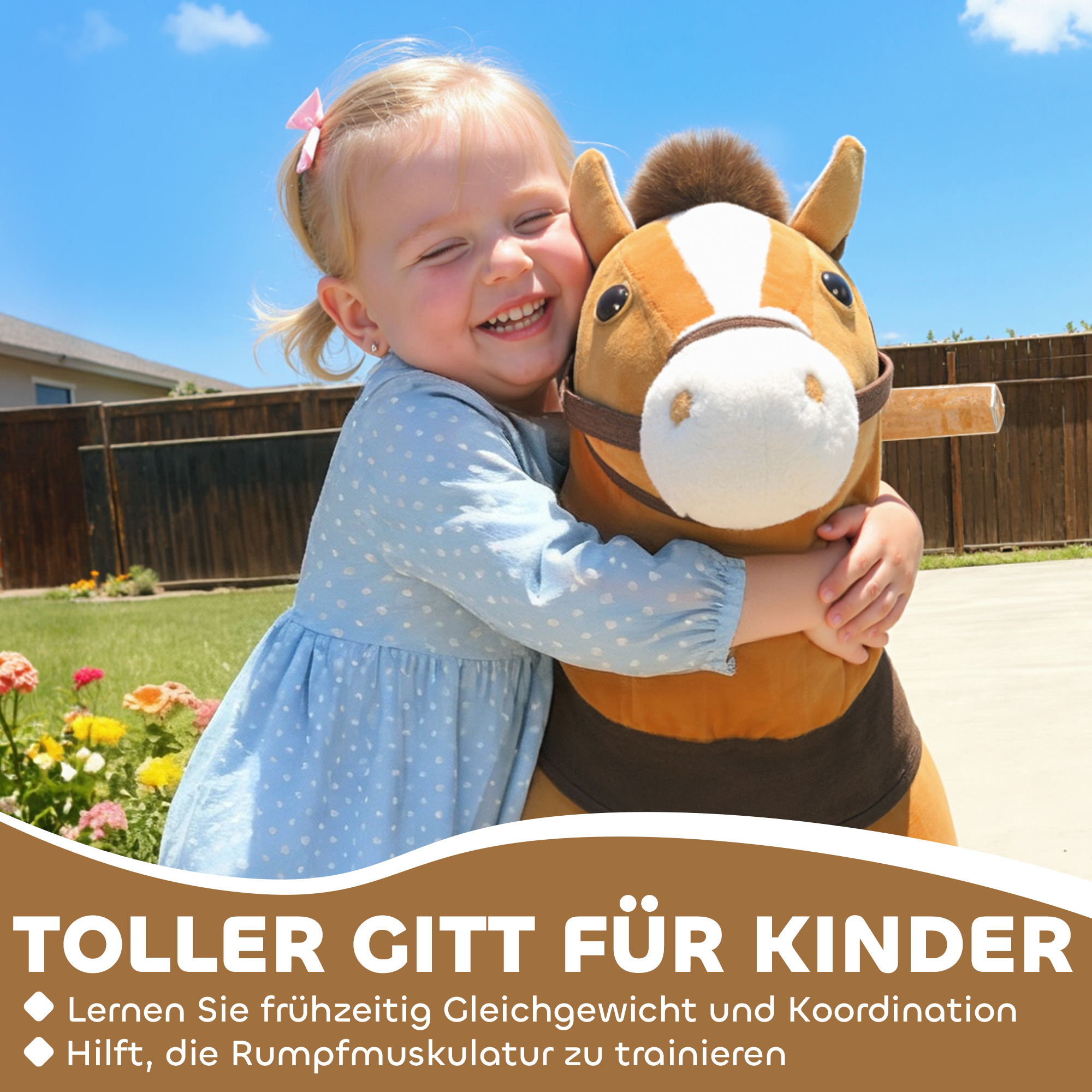Reitpferd für Kinder, Stoffbezug, stabiler Rahmen, sanfte Räder, Schaukelpferd, 3-5 Jahre, Dunkelbraun