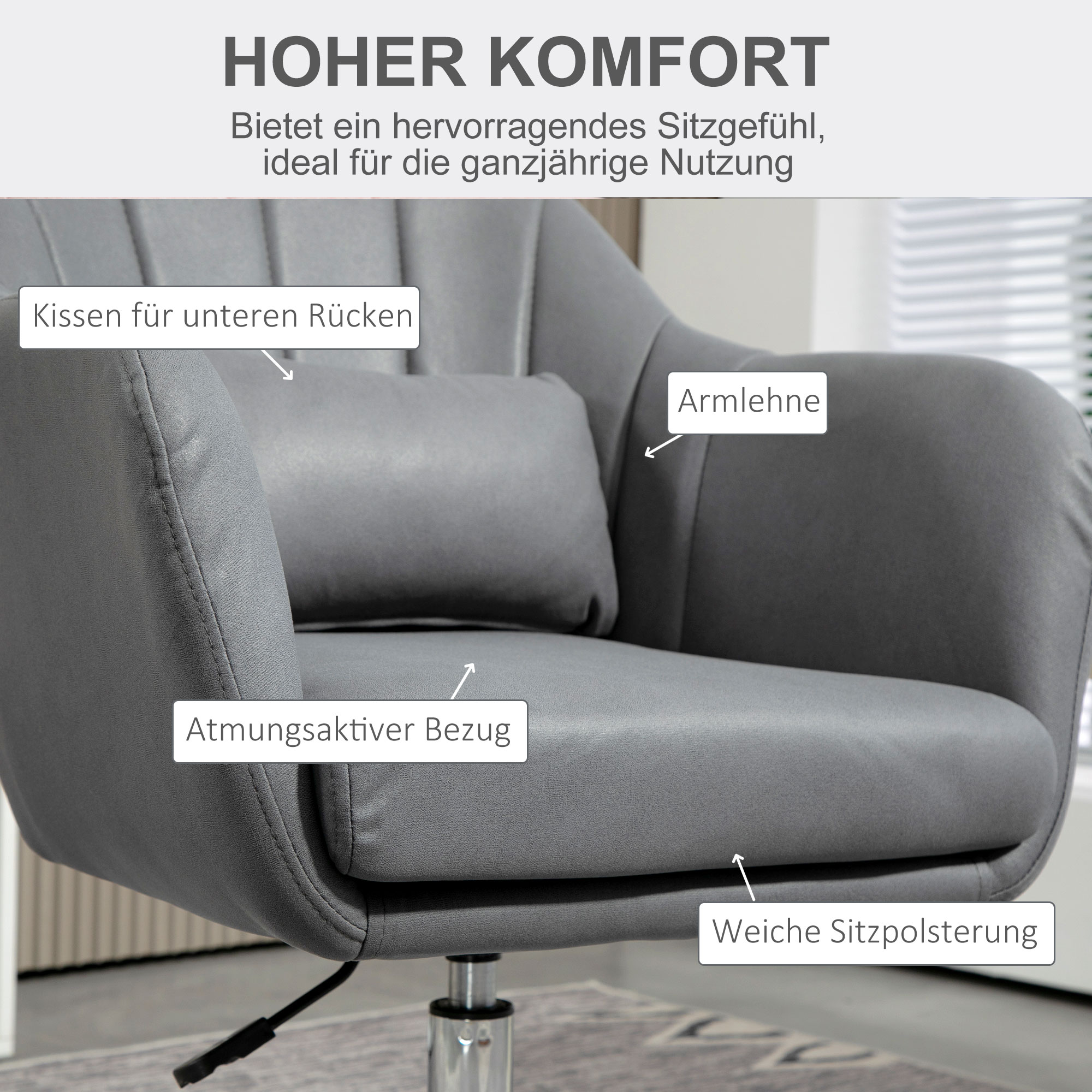 Drehstuhl, höhenverstellbarer Bürostuhl, Polyester, Metall, 60 x 60 x 79-91 cm, Dunkelgrau