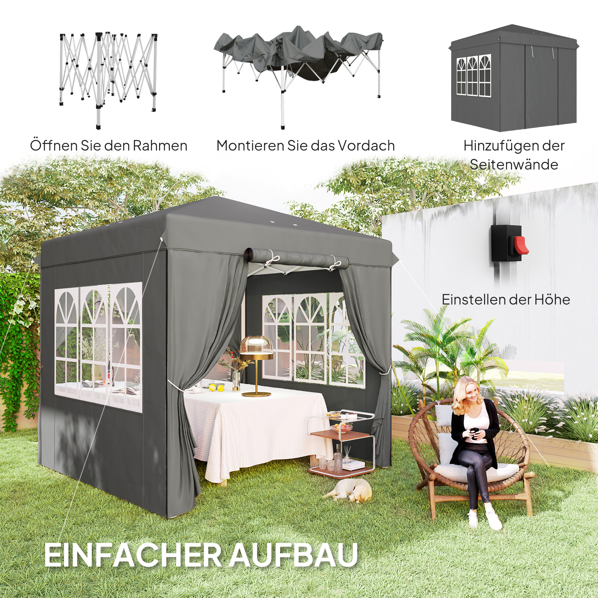 2,5 x 2,5 m Pop-up-Pavillon mit Seitenwänden und Transporttasche, UPF50+ höhenverstellbares Gartenzelt, Dunkelgrau