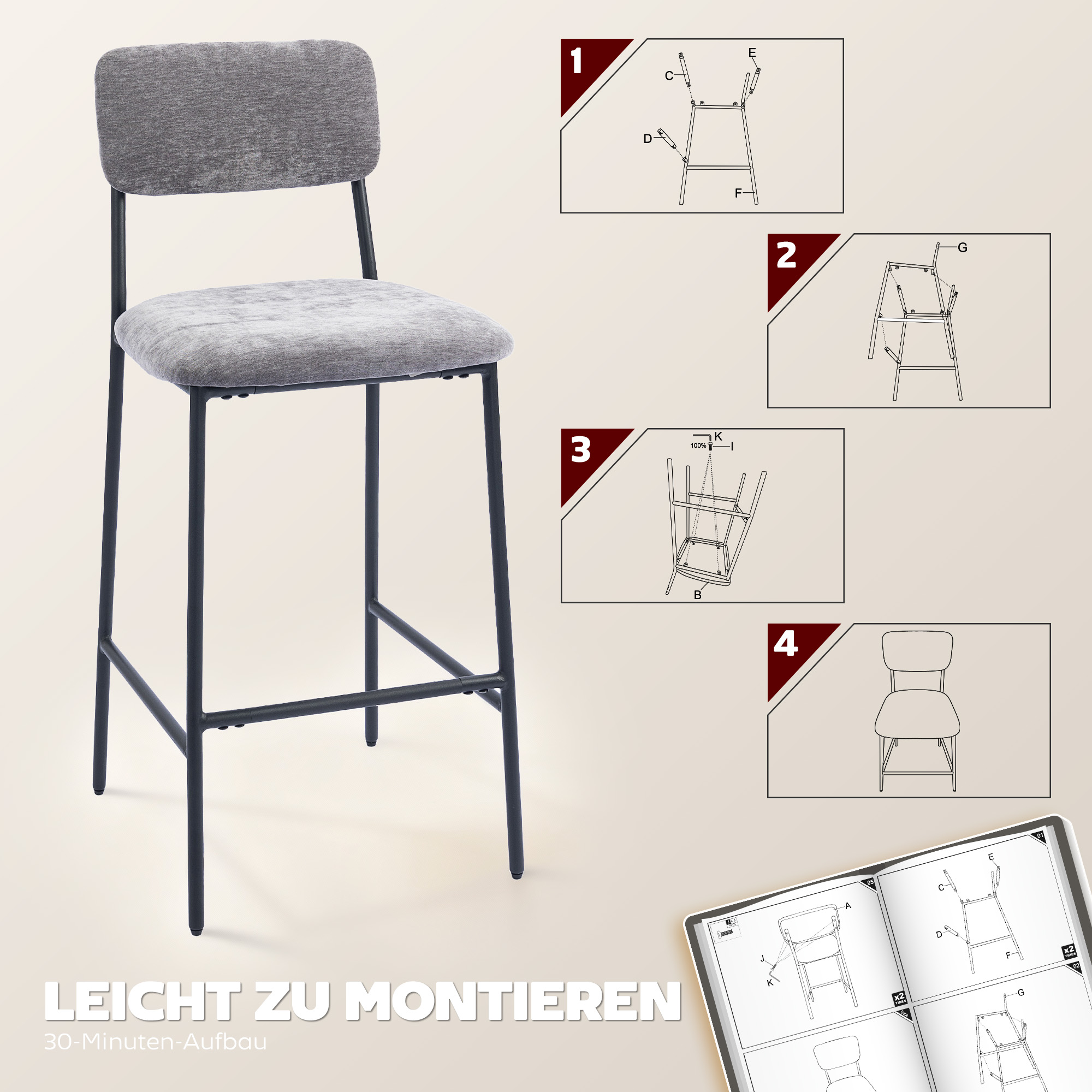 2er-Set Barstühle, gepolsterte Hochstühle für Küchentheke, Hausbar, Rückenlehne, Fußstütze, Stoffbezug, Stahl, Grau