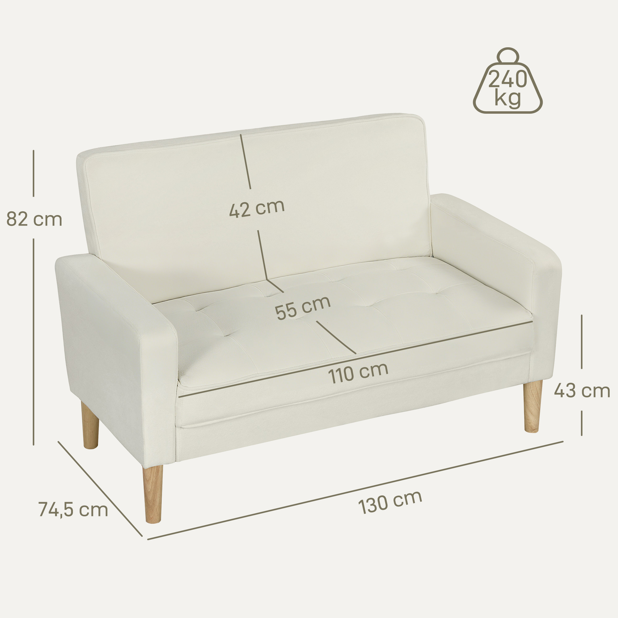 2-Sitzer-Sofa, Doppelsitzsofa mit Kautschukholzbeinen, Polstersofa für Wohnzimmer, Schlafzimmer, Cremeweiß