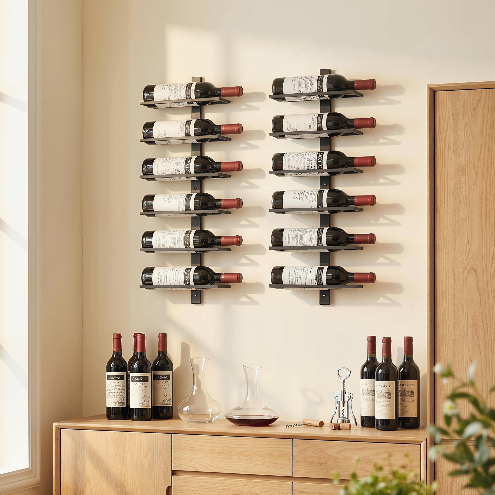 Weinregal, Wandregal für 6 Flaschen Wein, 6 Ebenen, Stahlrohr, für Küche, Wohnzimmer, Hausbar, Schwarz