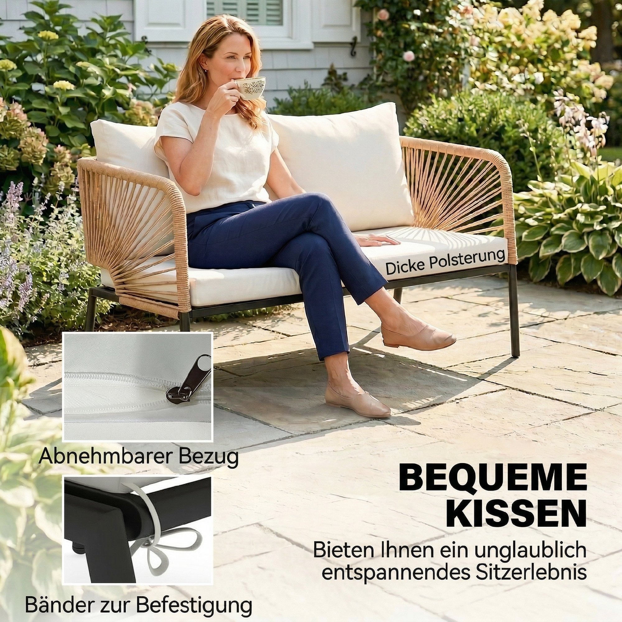 Gartenmöbel Set Sitzgruppe für 4 Personen Gartenlounge mit 2er Sofa 2 Sessel Lamell-Tisch Seilflecht waschbar Sitzkissen