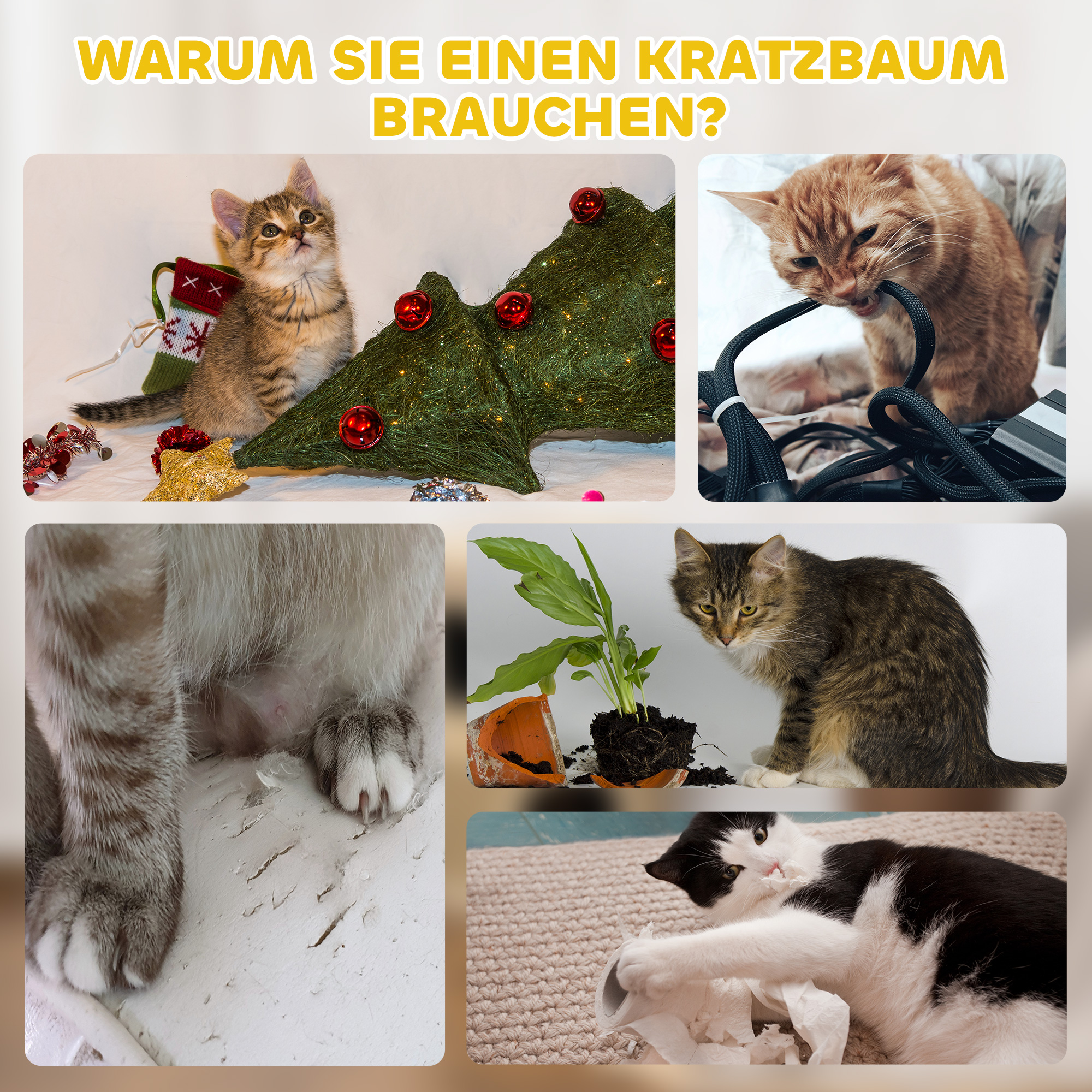 Kratztonne, 49 cm hoch, Ø35,5 cm zweistöckige Katzentonne mit Plüschrand Kratzmatte, 2 Höhle Khaki+Kaffee