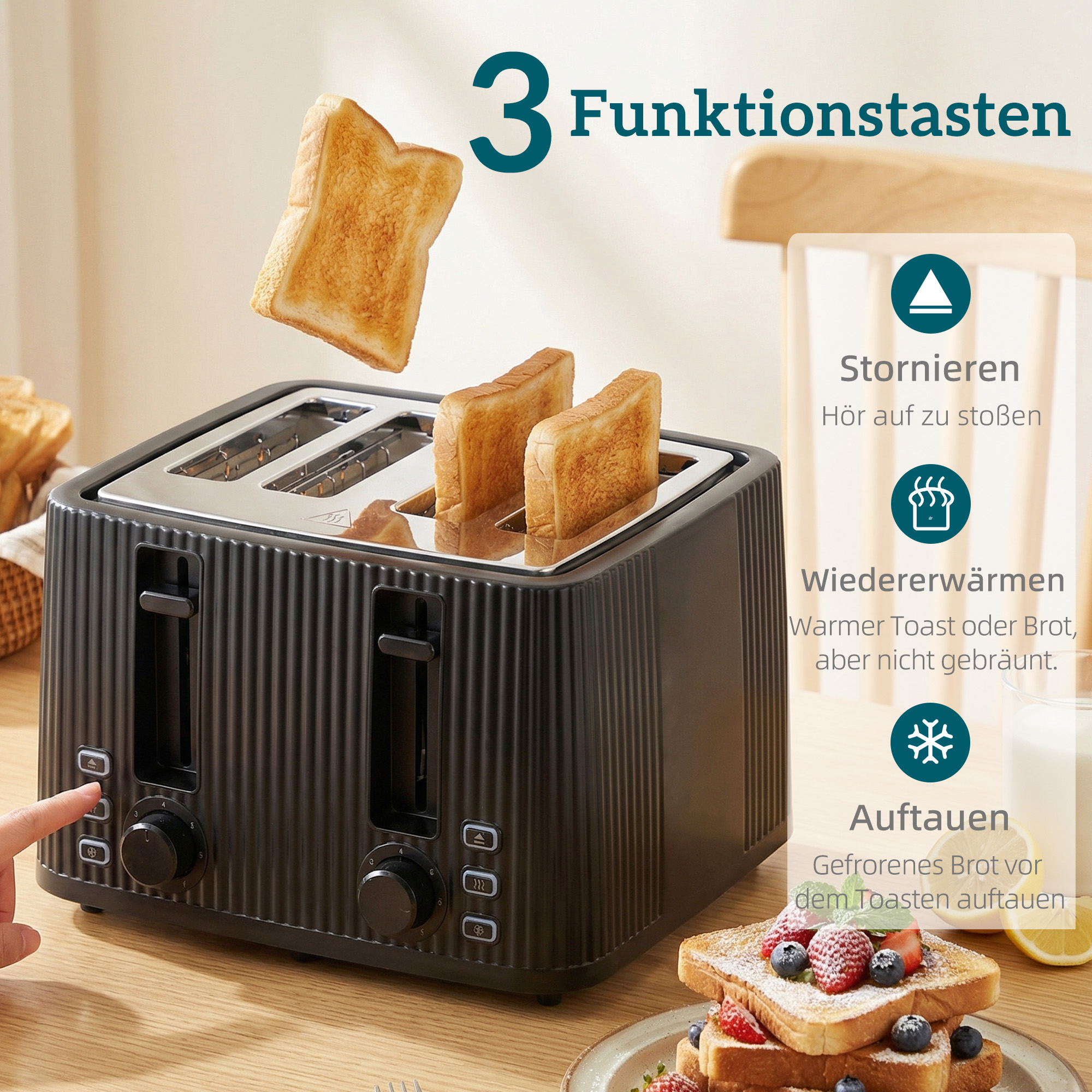 1,7L Schnellkoch-Wasserkocher und 4-Scheiben-Toaster-Set, Eierkocher für 6 Eier mit Kontrollleuchte Schwarz