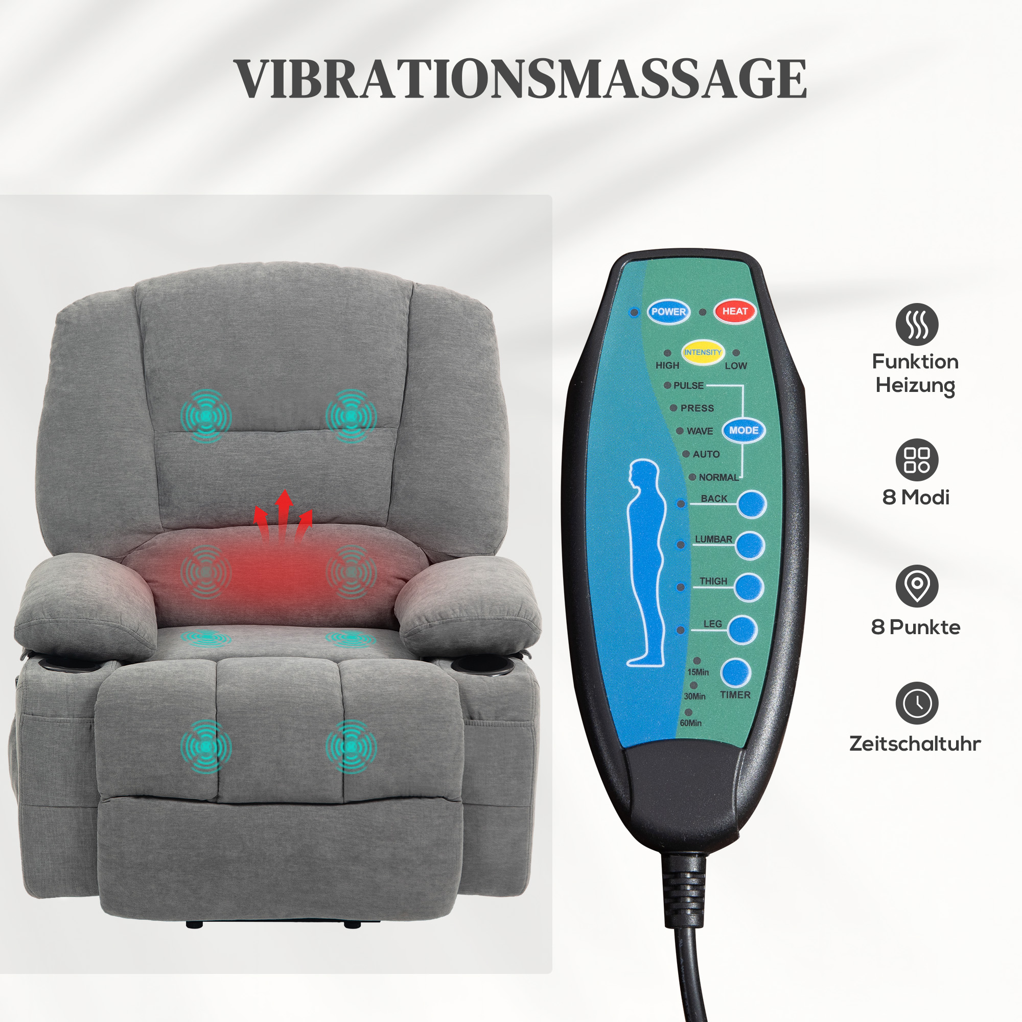 Relaxsessel mit Aufstehhilfe, Massagesessel mit Wärmefunktionen, 2 Fernbedienungen, weicher Schaumstoff