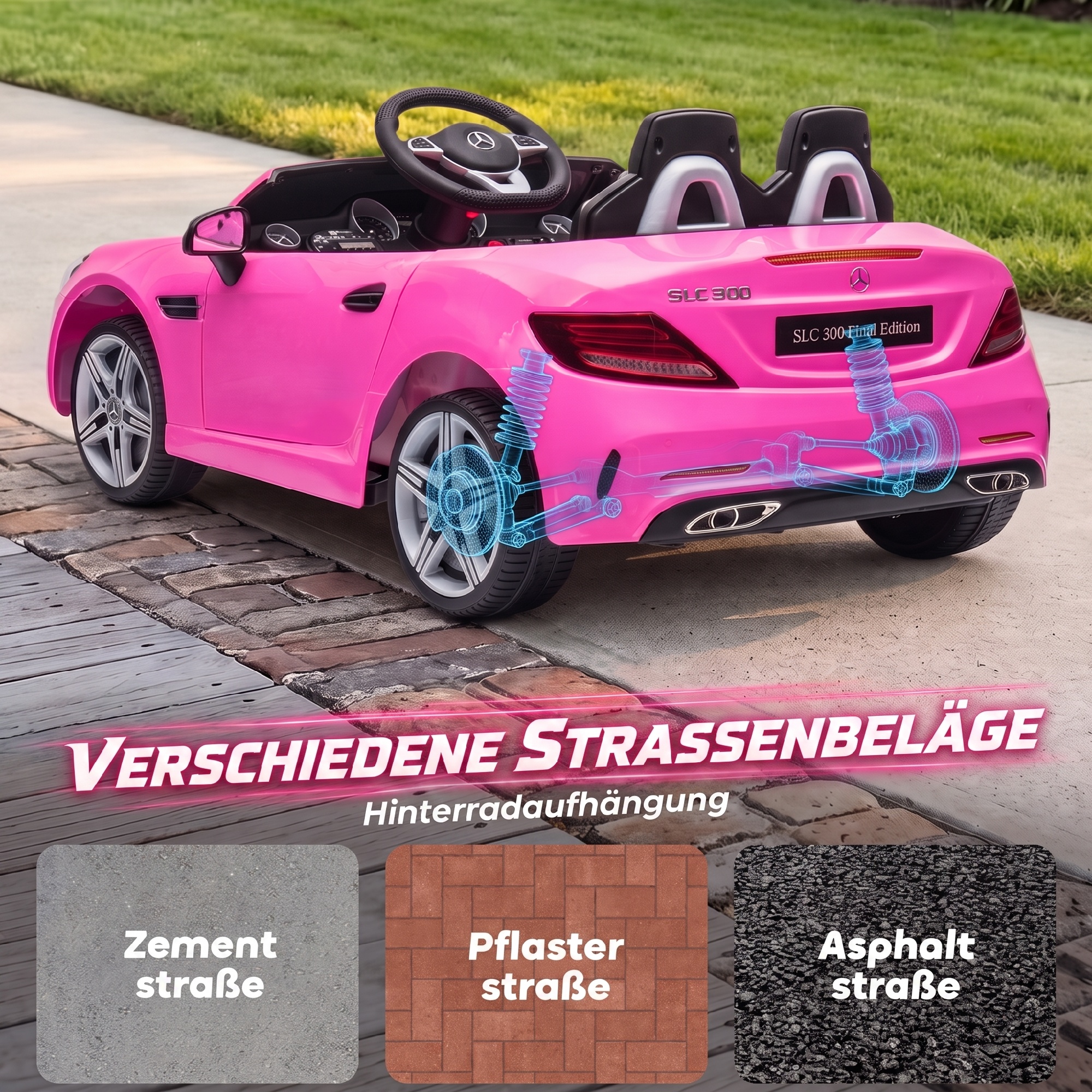 Kinder-Elektroauto, mit LED-Scheinwerfern, Sicherheitsgurt, Hupe, Musik, 3 bis 5 km/h, Rosa, 107 x 62,5 x 44cm