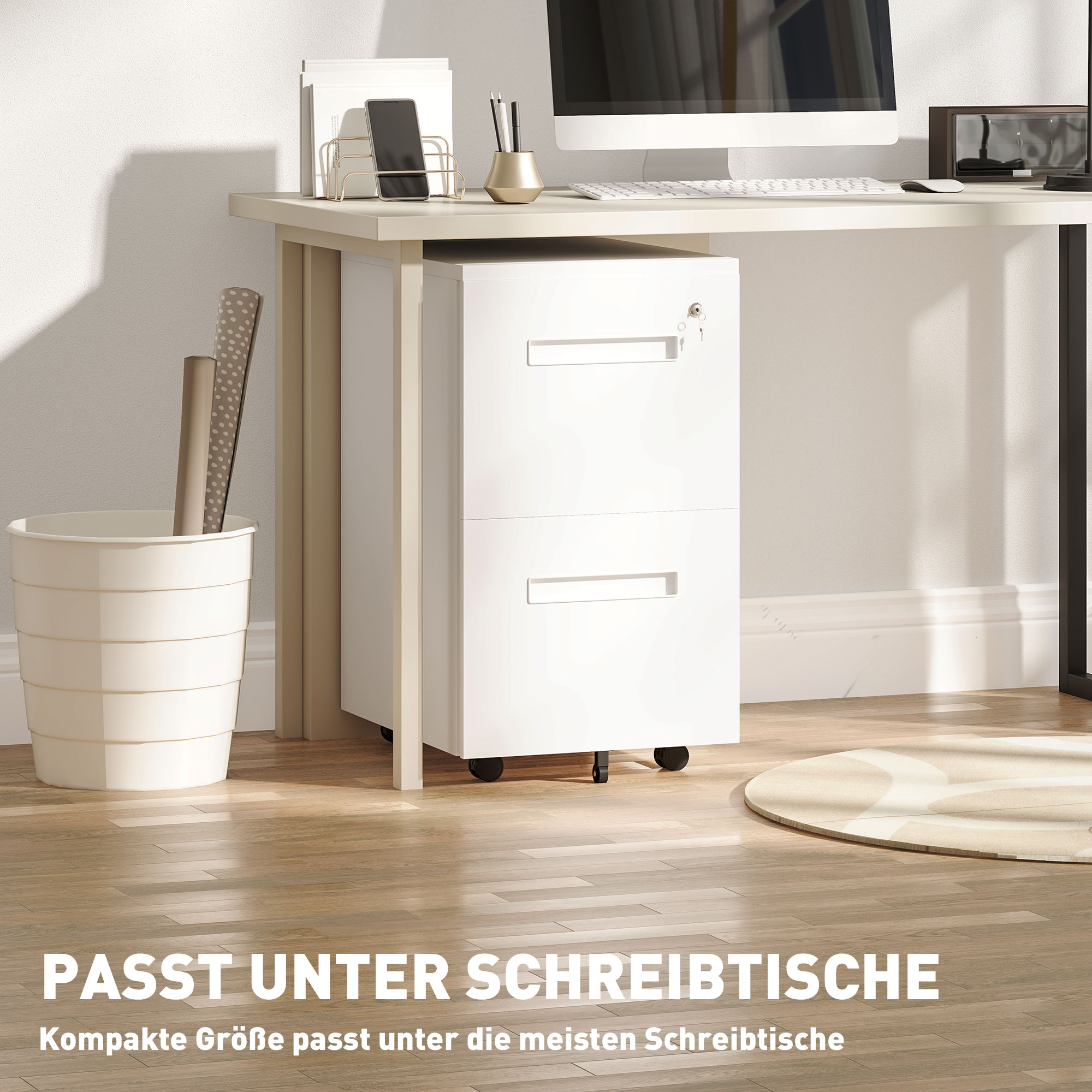 Rollcontainer, Aktenschrank, Trennwand, zentral abschließbar, Stahlgehäuse, 5 Räder, weiß, 39 x 48 x 67 cm