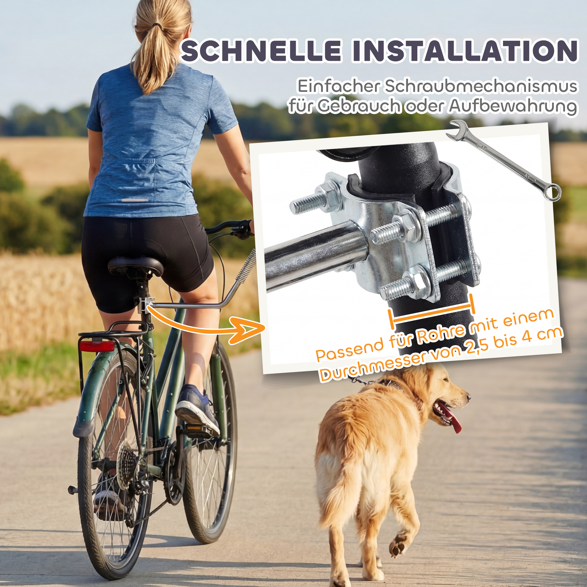 Fahrradleine für Hunde mit Stoßdämpfern verstellbar Gurt abnehmbar Schnellverschluss für Training Joggen Silber+Schwarz
