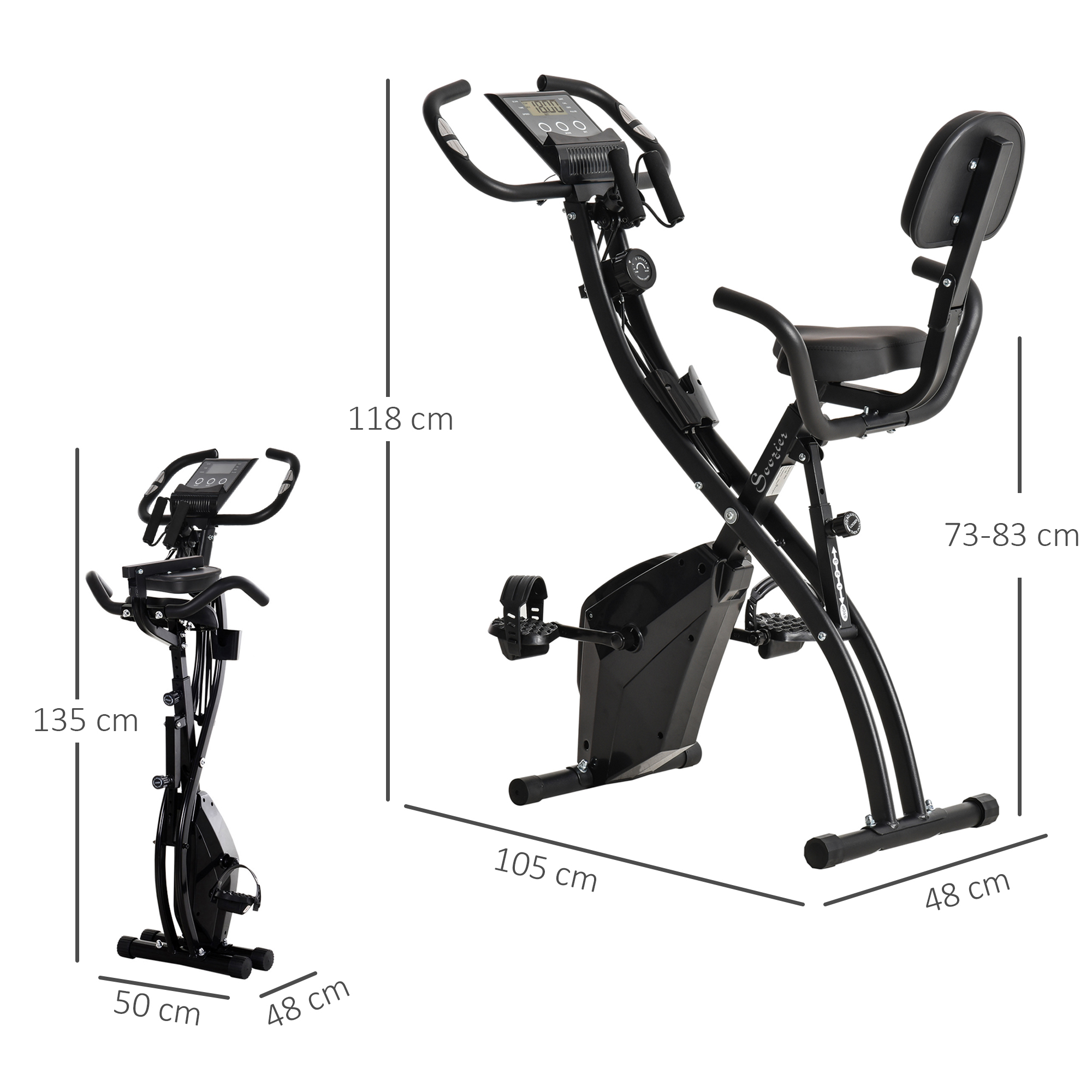 Heimtrainer X-Bike 2-in-1 Fahrradtrainer mit LCD-Display,Pulsmesser, klappbarer Hometrainer Trimmrad mit 8 stufig Magnetwiderstand, 1 Paar Spannseil, Stahl Schwarz 105x48x118 cm
