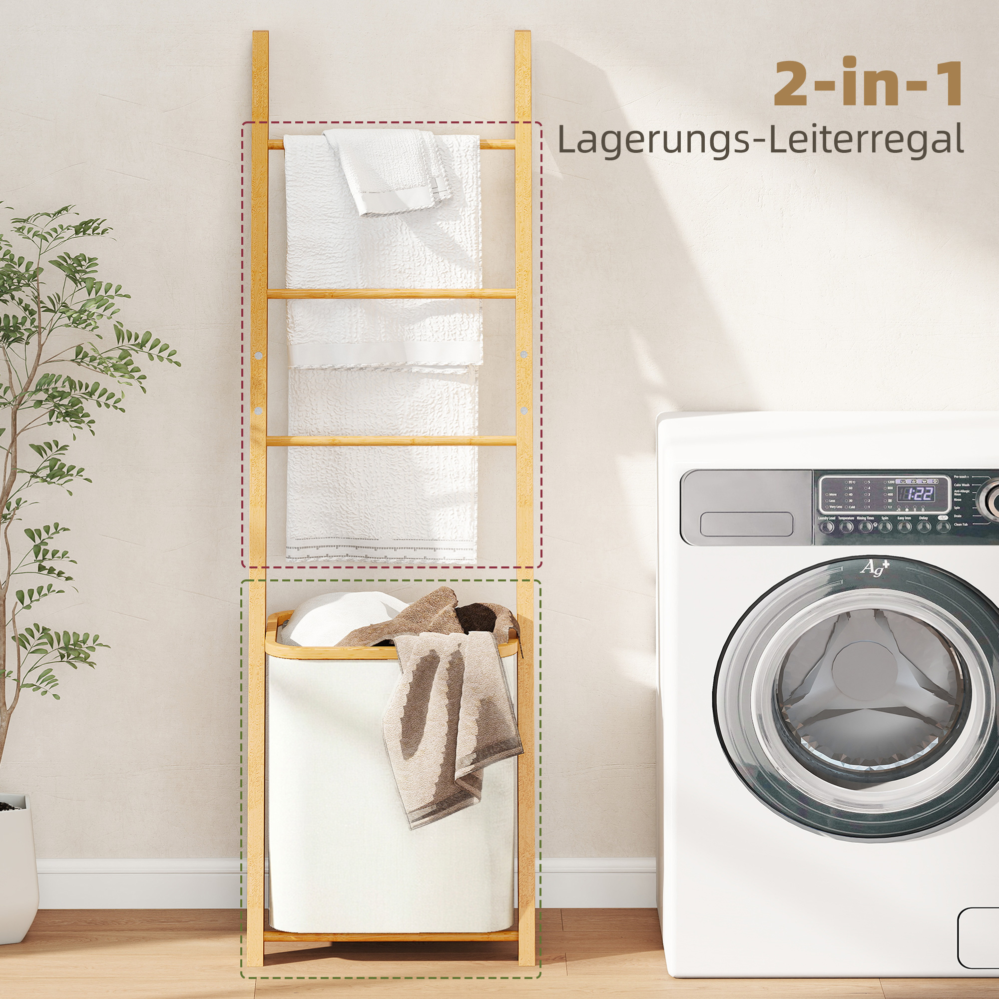 Badregal, 2-in-1 Badezimmerregal mit 3 Stangen, abnehmbarer 48L-Wäschekorb, Bambus, 43 x 35 x 133 cm, Cremeweiß