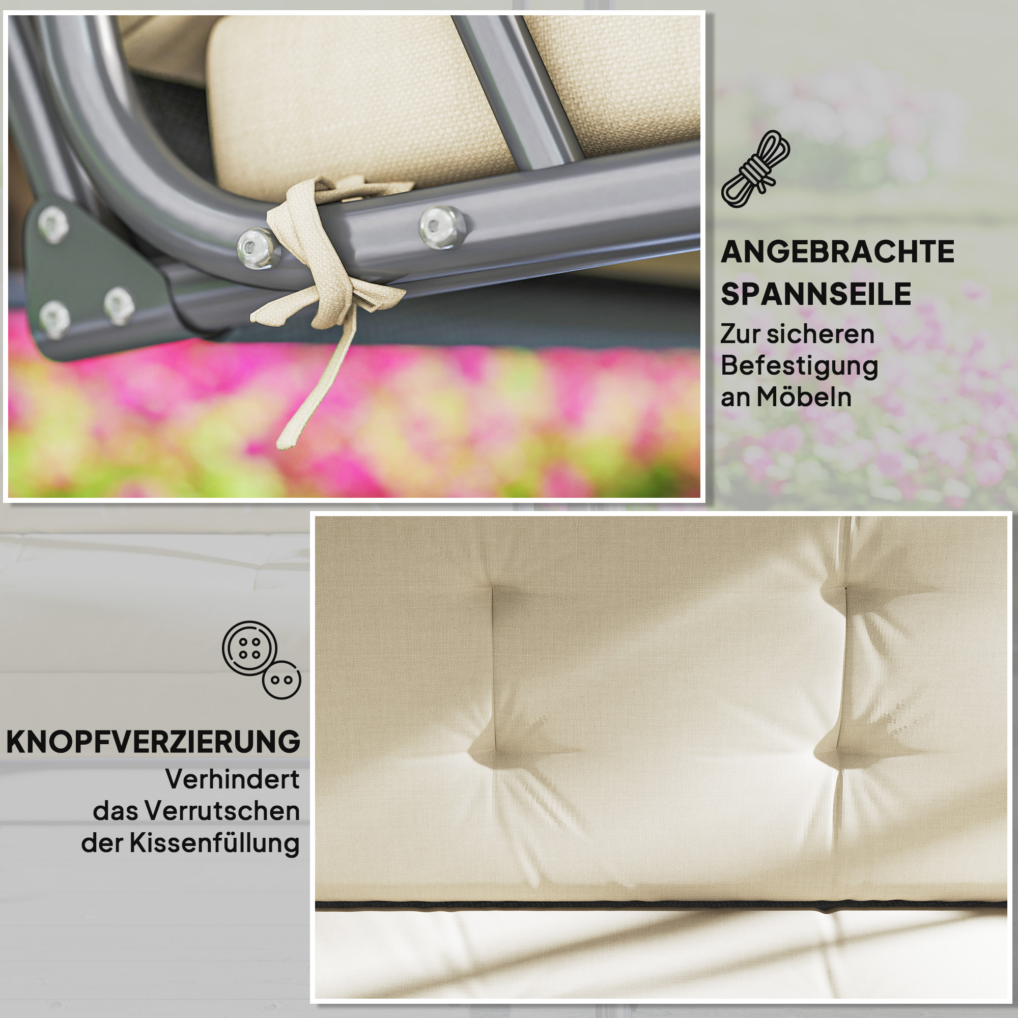 Auflagen-Set für Hollywoodschaukel 170 cm Stuhlkissen Schaukelauflage Sitzkissen Gartenschaukel Gartenpolster Rückenkissen Seitenkissen Beige