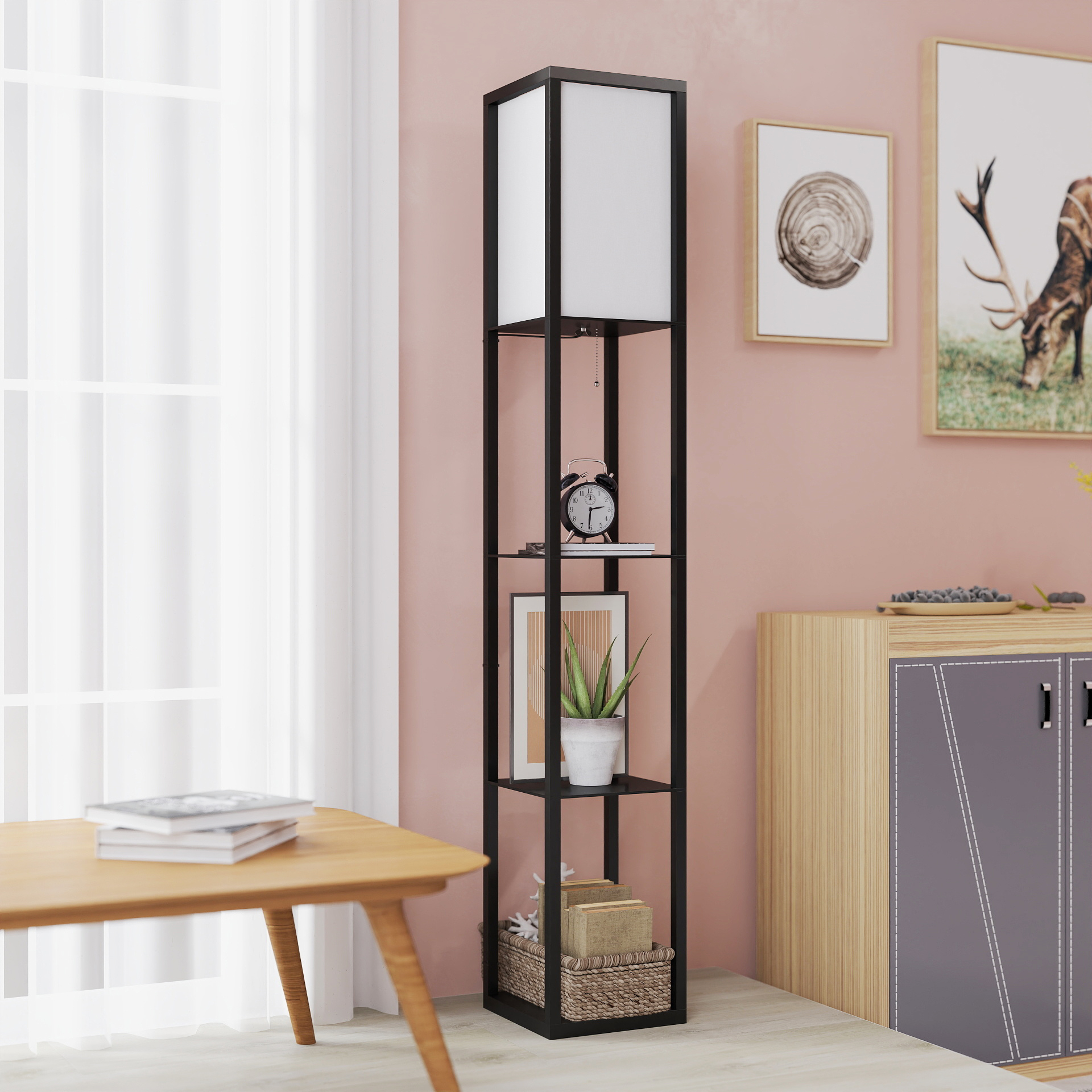 Stehlampe mit Regalen, Stehleuchte, Holz, 26 x 26 x 160 cm, für Wohn-/Schlafzimmer (Ohne Glühbirne)