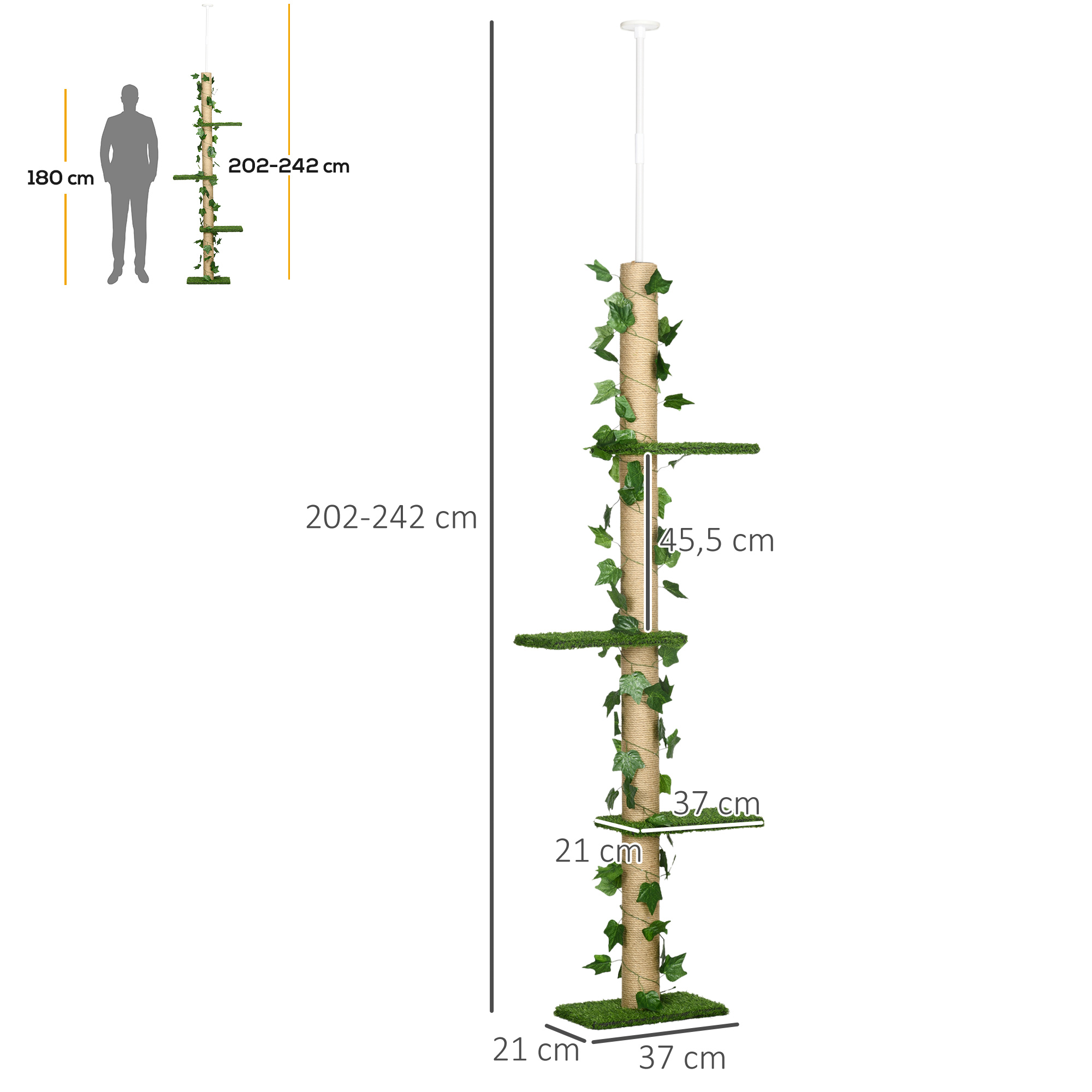 Kratzbaum höhenverstellbar 202-242 cm, rutschfest, Juteseil-Pfosten, Spanplatte, Grün/Gelb